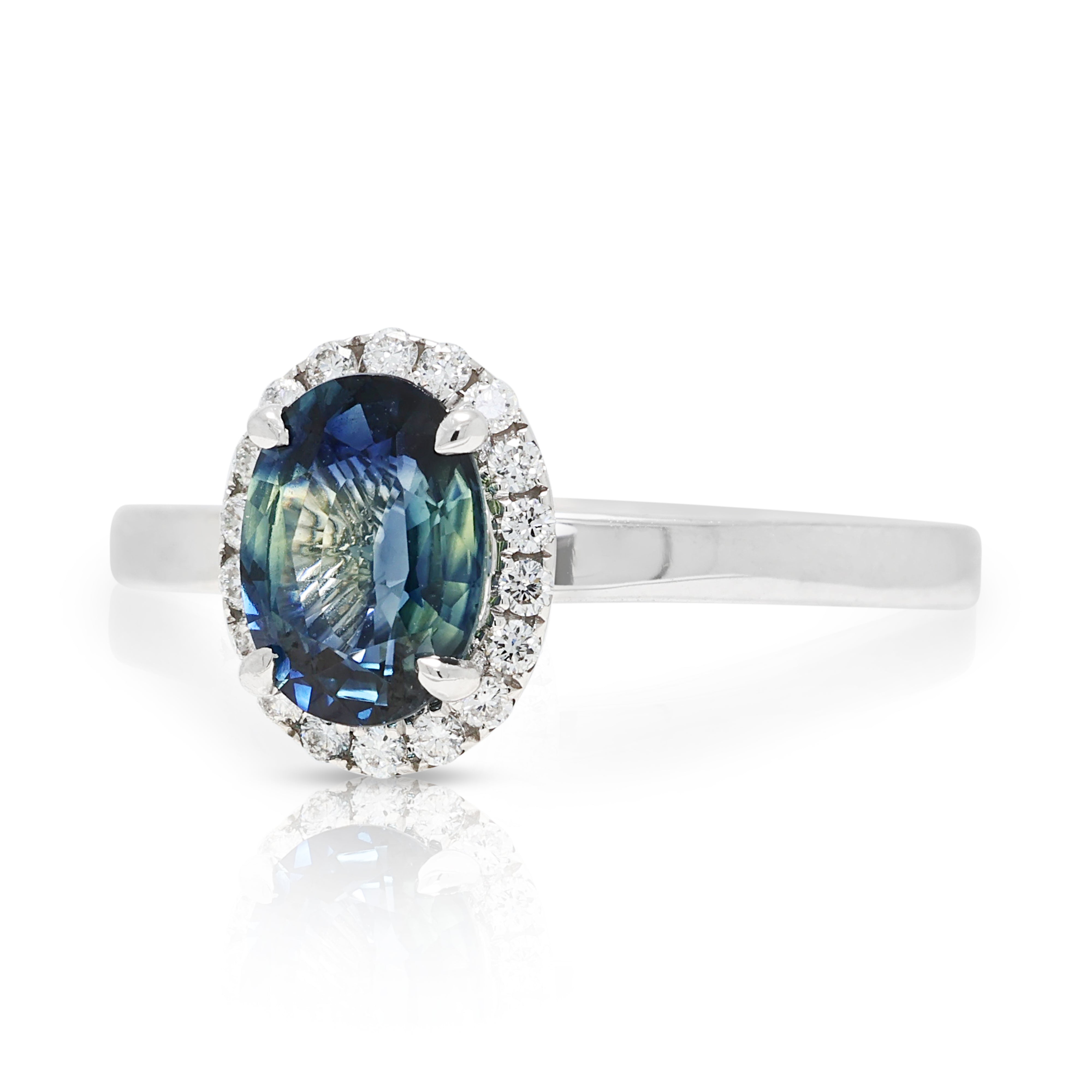 Mesmerizing 1.04ct Greenish Blue Sapphire and 0.09ct Natural Diamond Halo Ring in 18K White Gold - ICL Certified