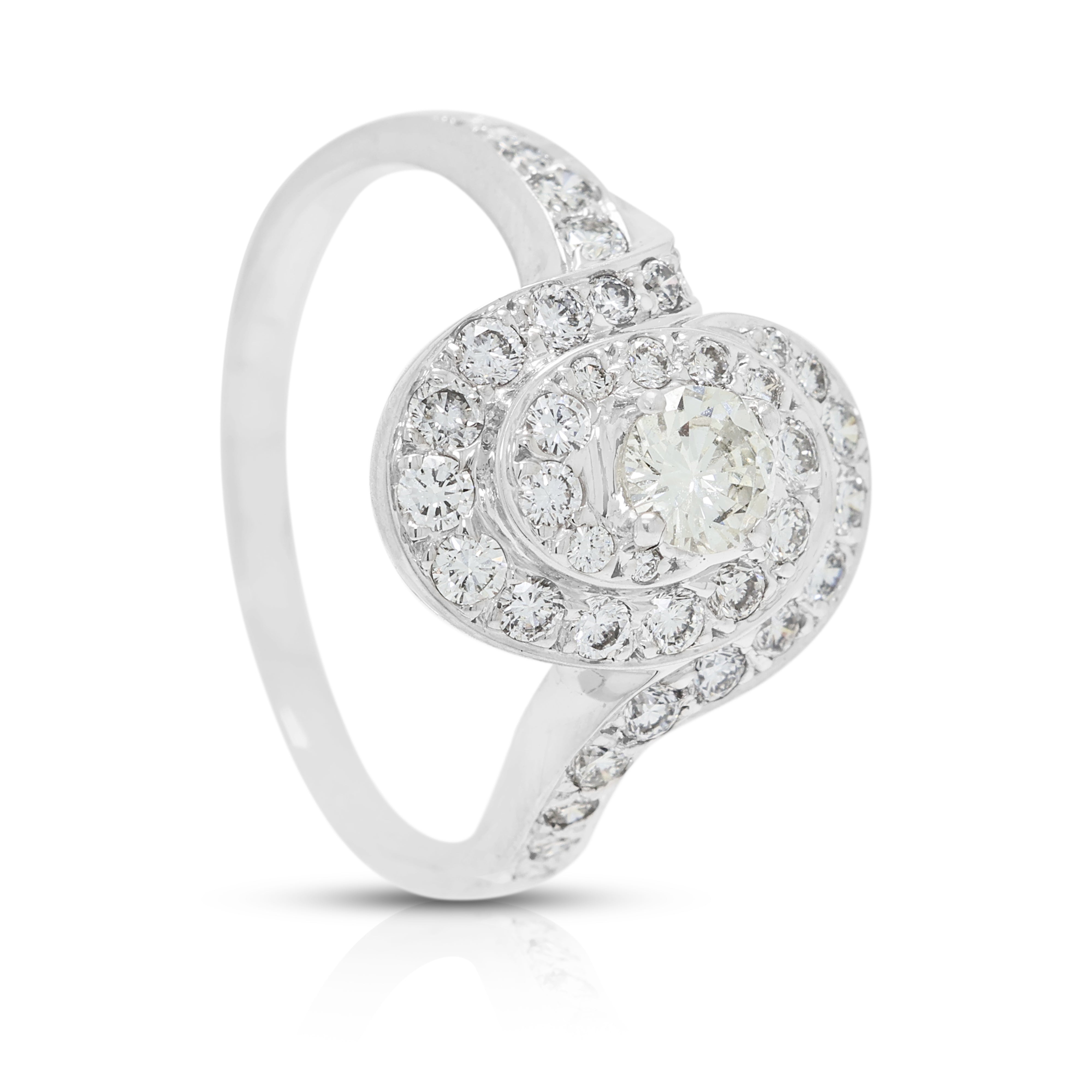 Majestic 0.89ct Natural Diamond Swirl Halo Ring in 18K White Gold