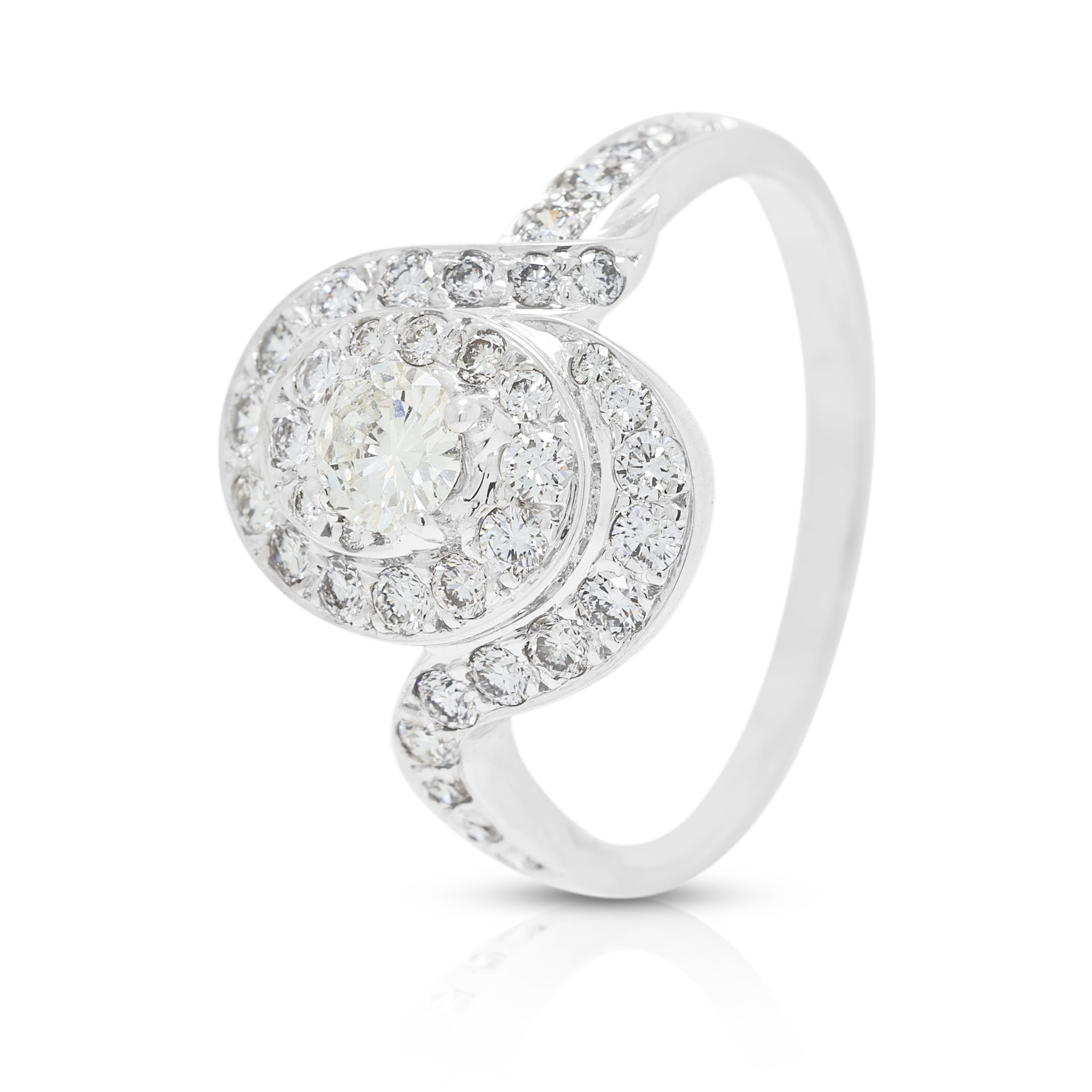Majestic 0.89ct Natural Diamond Swirl Halo Ring in 18K White Gold