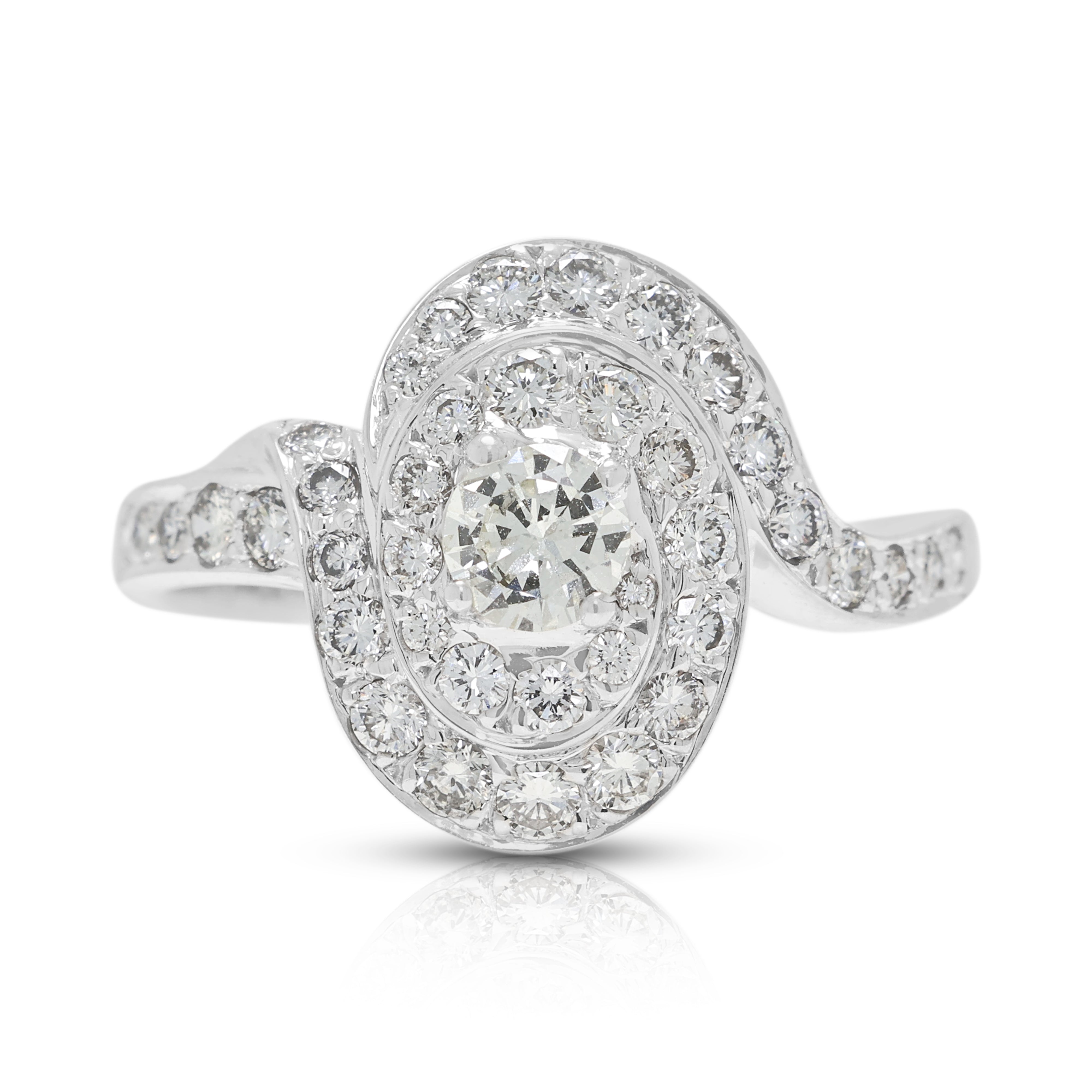 Majestic 0.89ct Natural Diamond Swirl Halo Ring in 18K White Gold