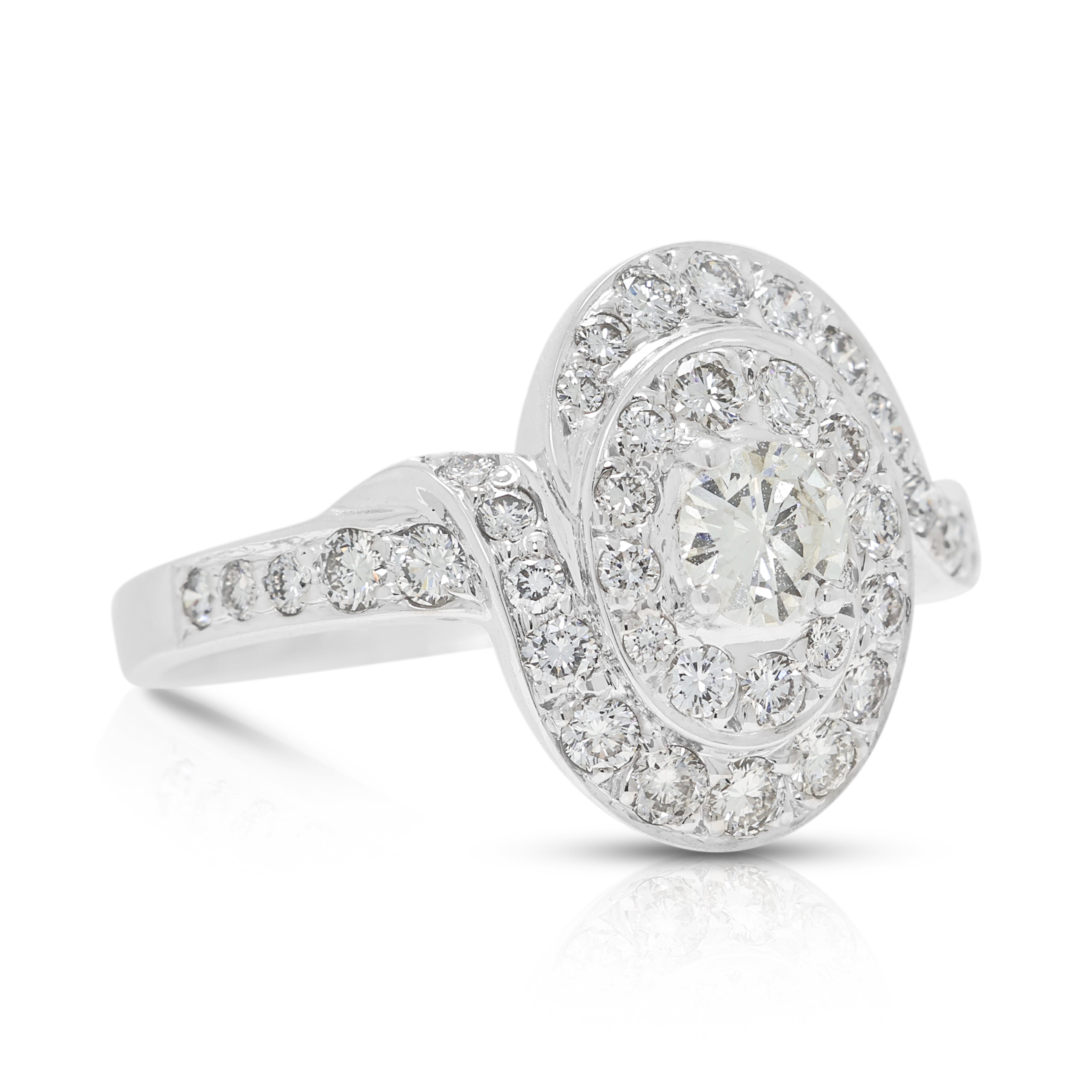 Majestic 0.89ct Natural Diamond Swirl Halo Ring in 18K White Gold