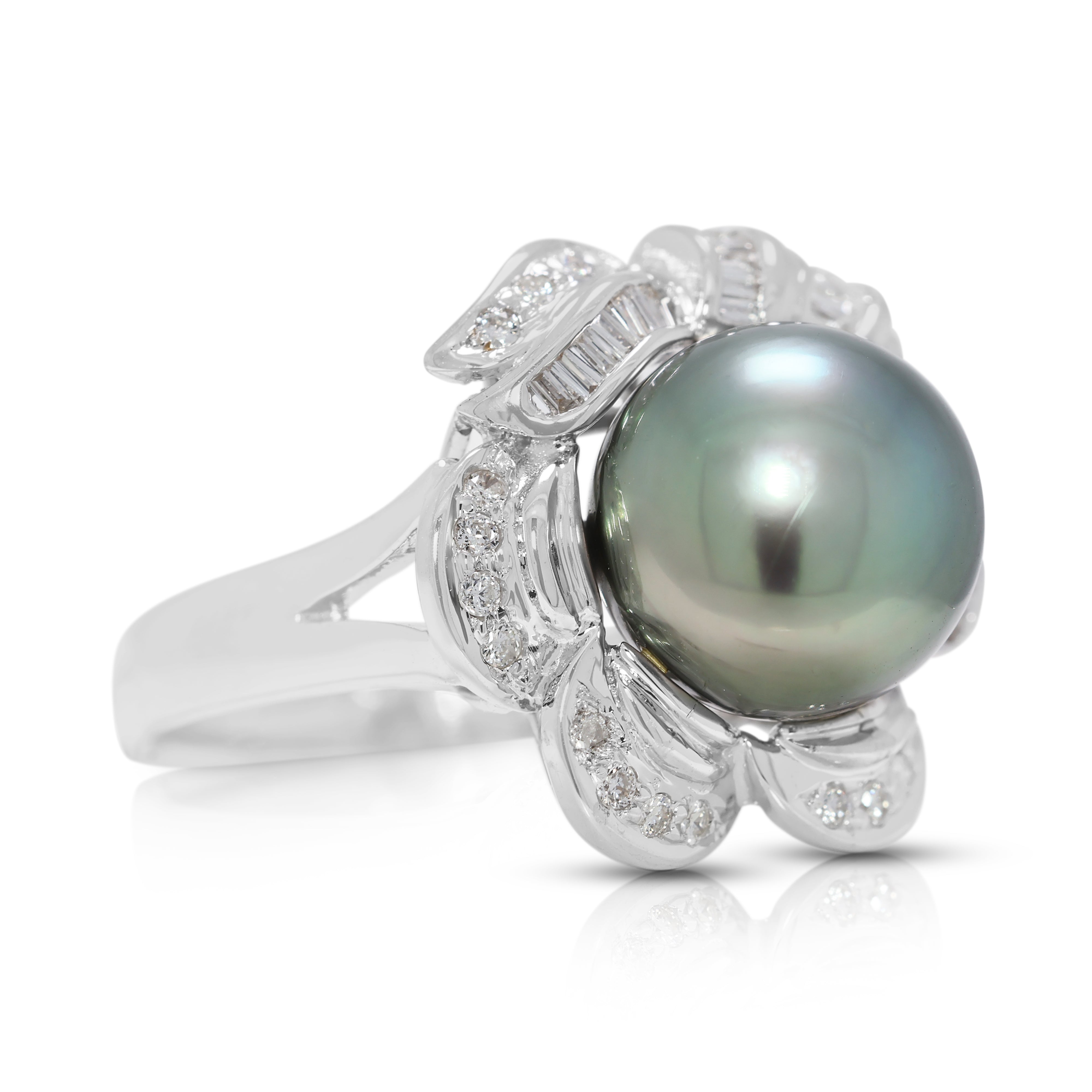 Floral-Inspired Tahitian Pearl & 0.43ct Natural Diamond Ring in 18K White Gold (New)