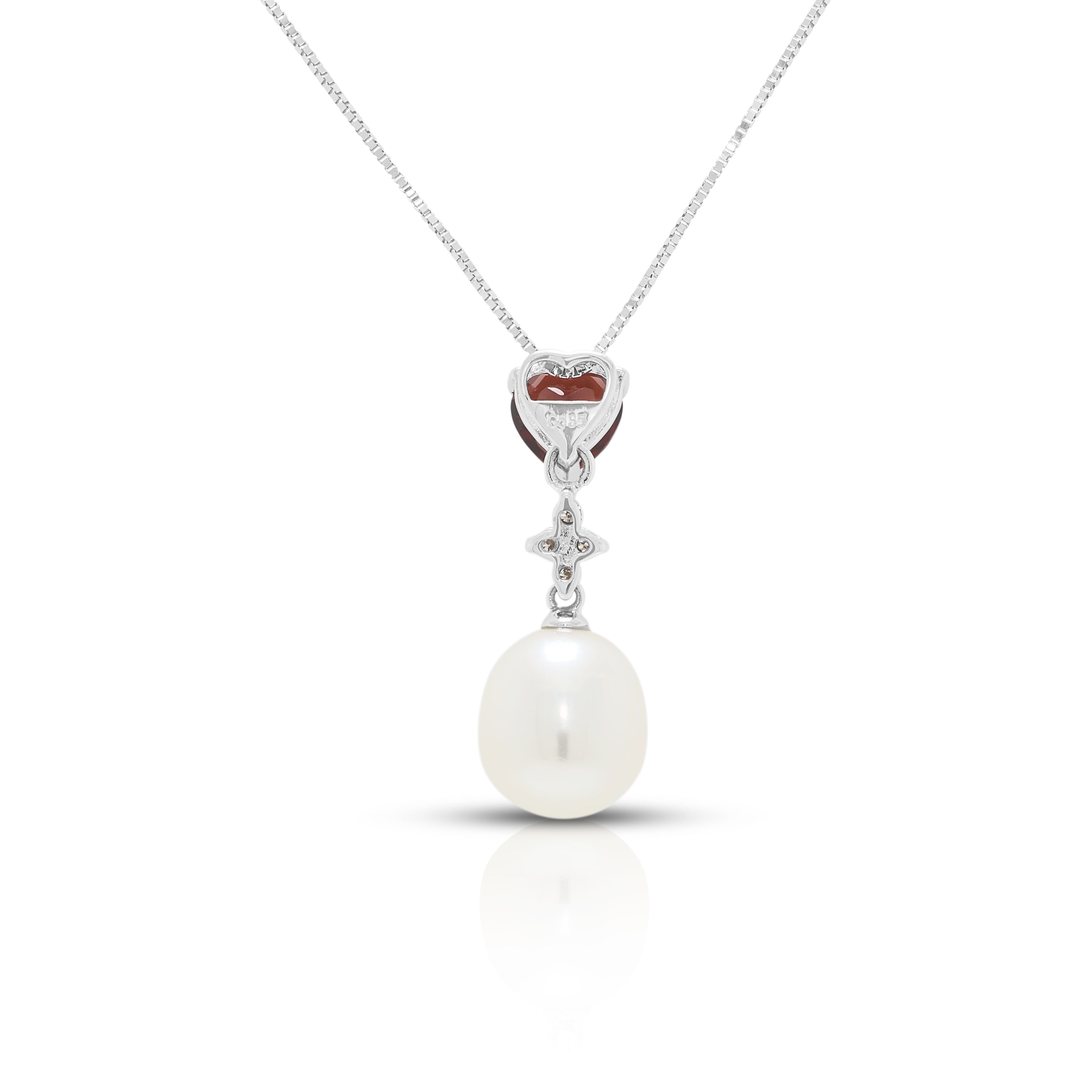 Romantic 0.35ct Garnet, 0.02ct Natural Diamond and Fresh Water Pearl Drop Necklace in 14K White Gold