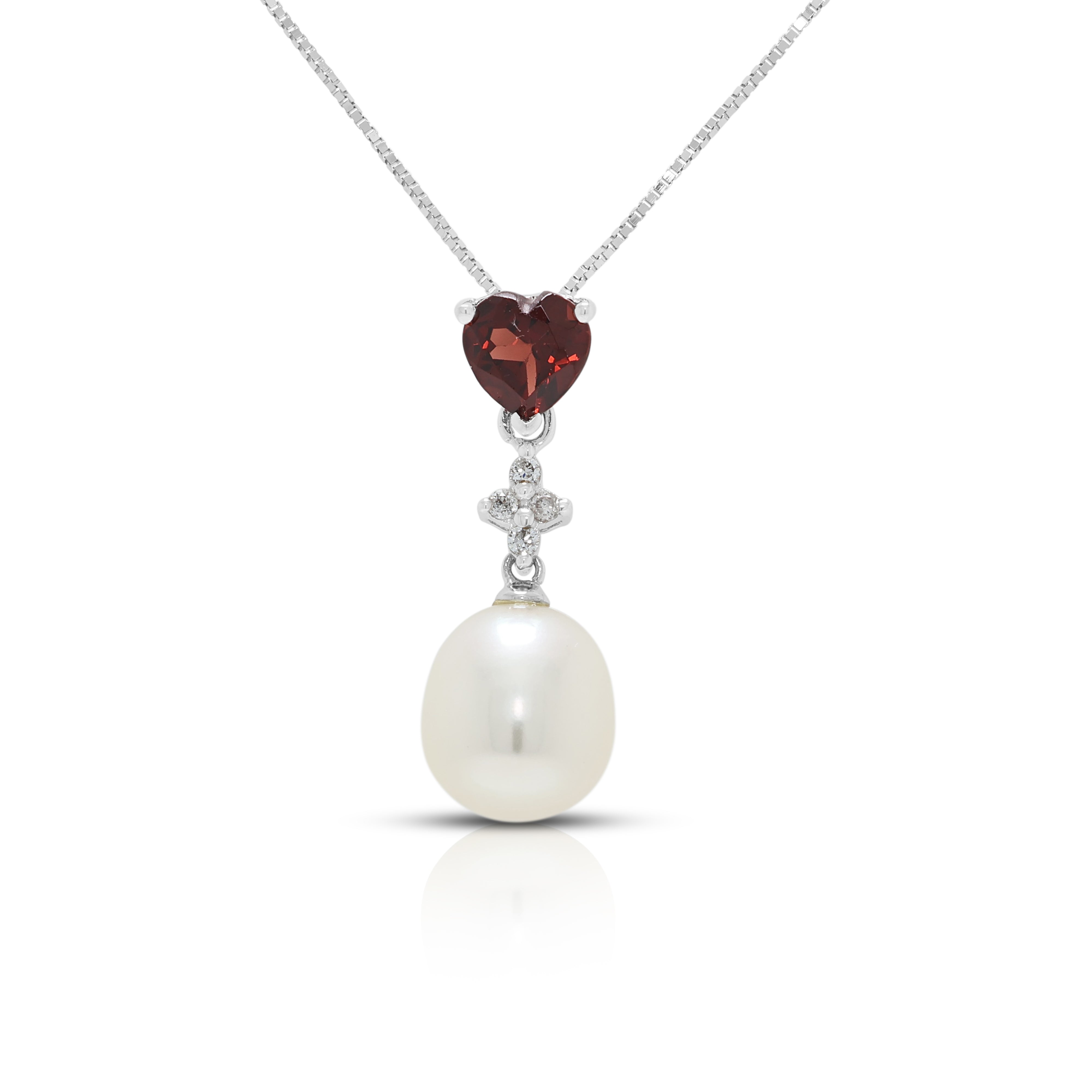 Romantic 0.35ct Garnet, 0.02ct Natural Diamond and Fresh Water Pearl Drop Necklace in 14K White Gold