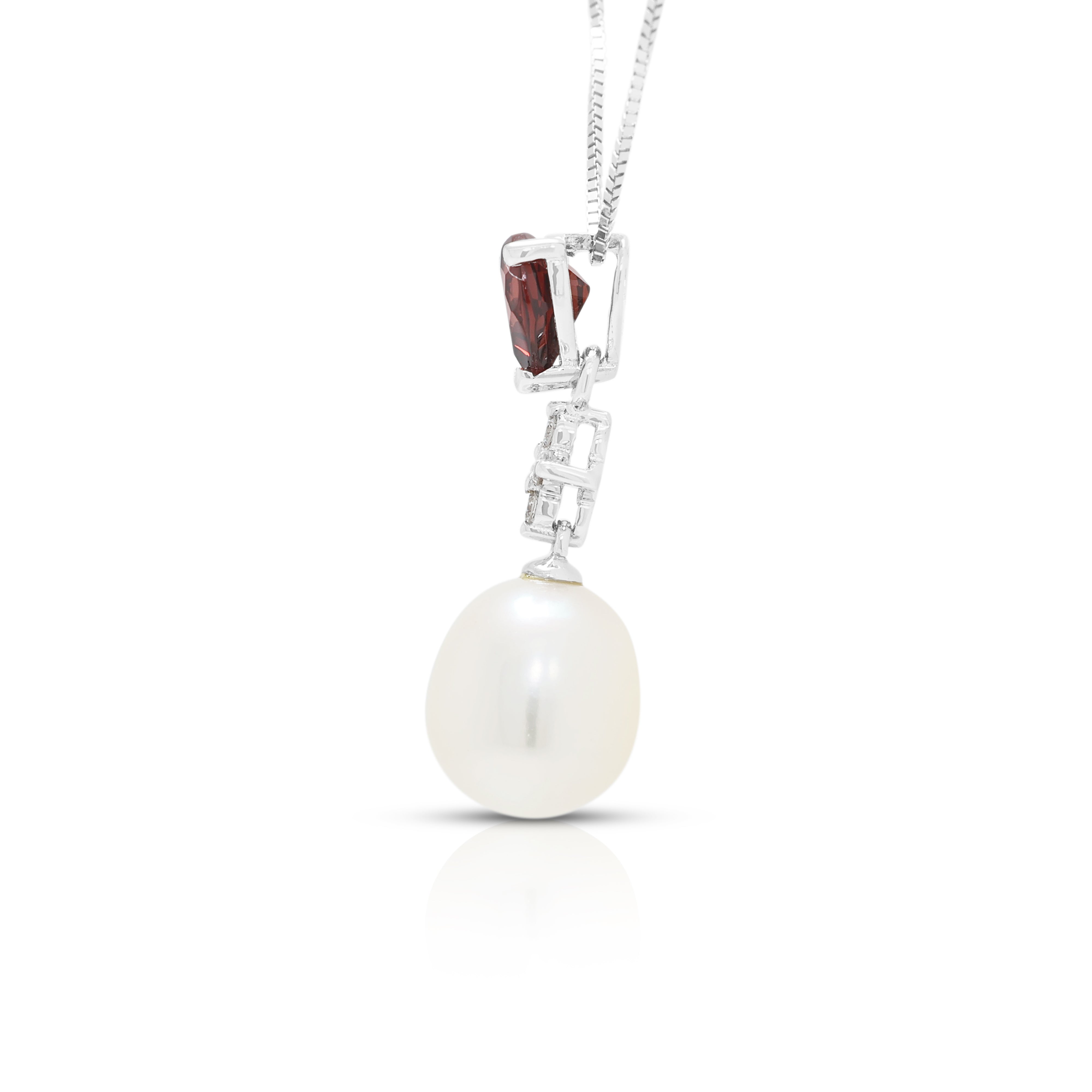 Romantic 0.35ct Garnet, 0.02ct Natural Diamond and Fresh Water Pearl Drop Necklace in 14K White Gold