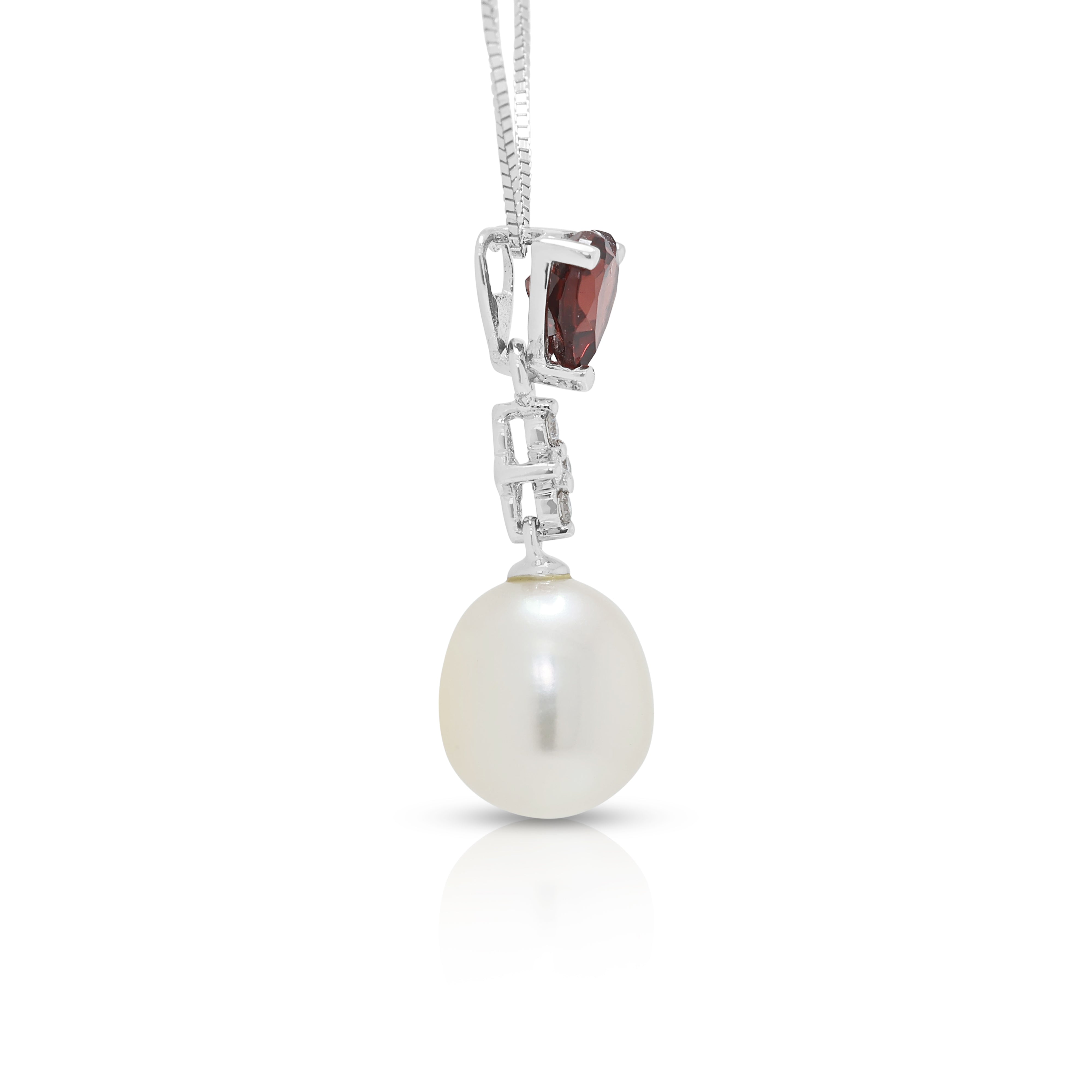 Romantic 0.35ct Garnet, 0.02ct Natural Diamond and Fresh Water Pearl Drop Necklace in 14K White Gold