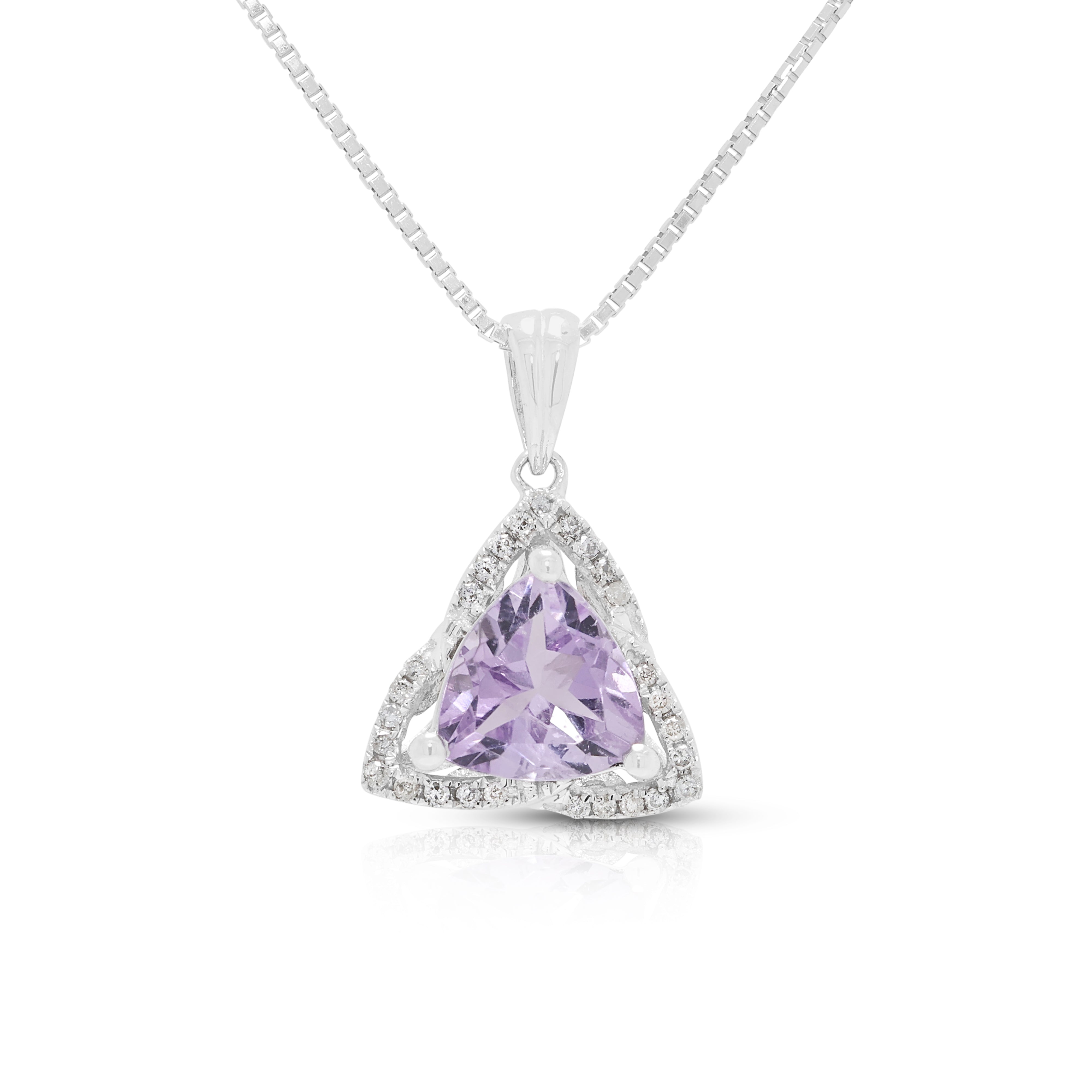 Radiant 0.80ct Amethyst and 0.13ct Natural Diamond Halo Necklace in 9K White Gold