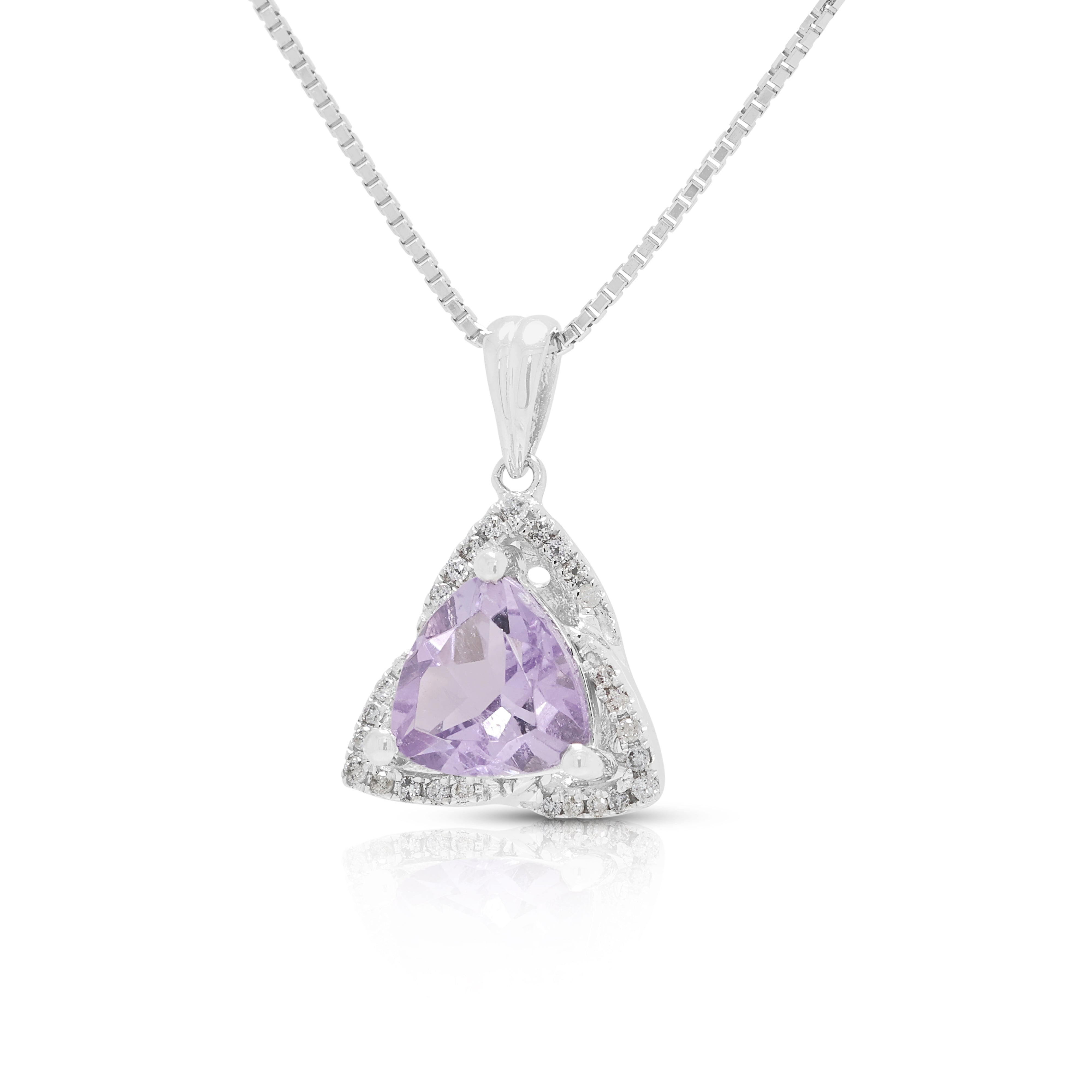 Radiant 0.80ct Amethyst and 0.13ct Natural Diamond Halo Necklace in 9K White Gold