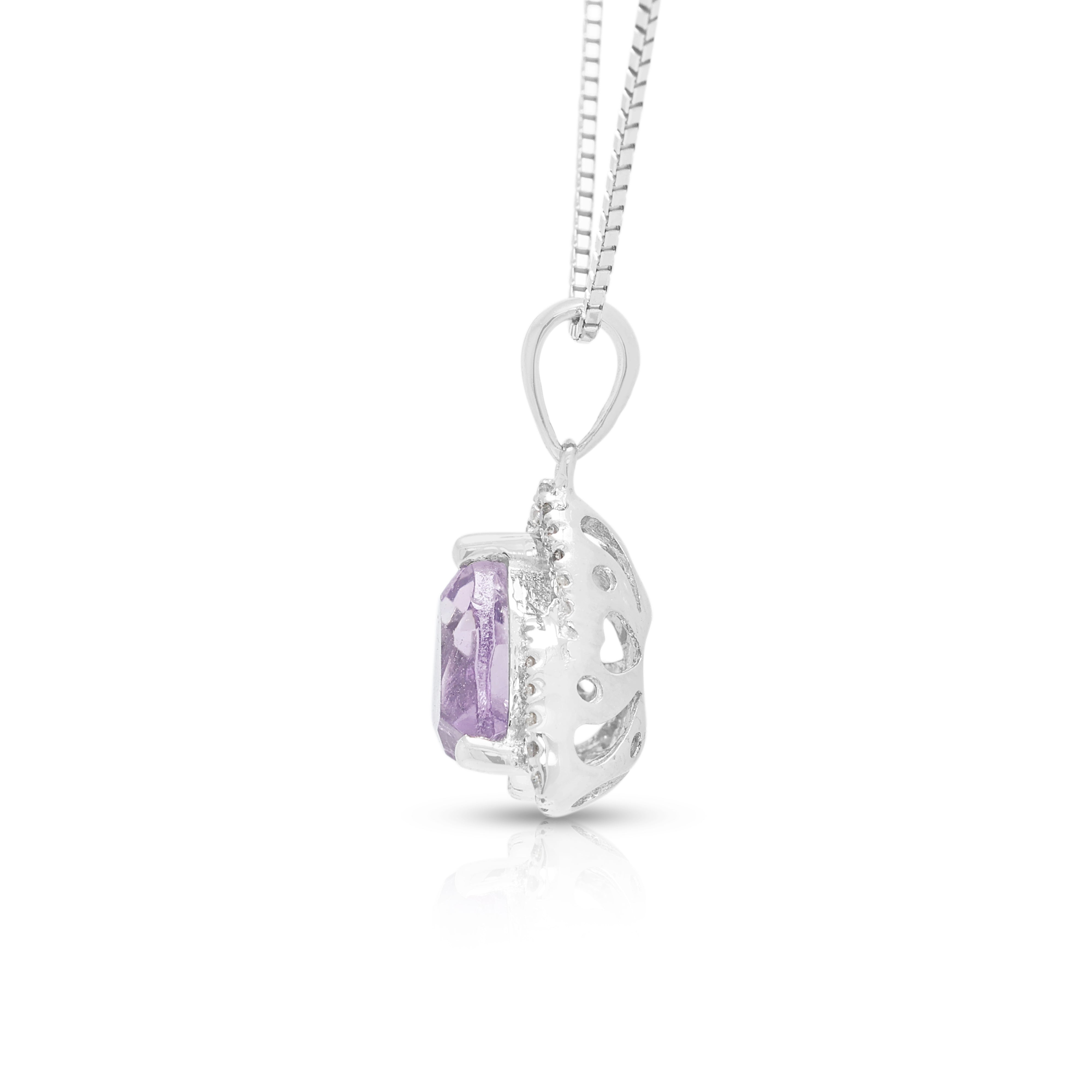 Radiant 0.80ct Amethyst and 0.13ct Natural Diamond Halo Necklace in 9K White Gold