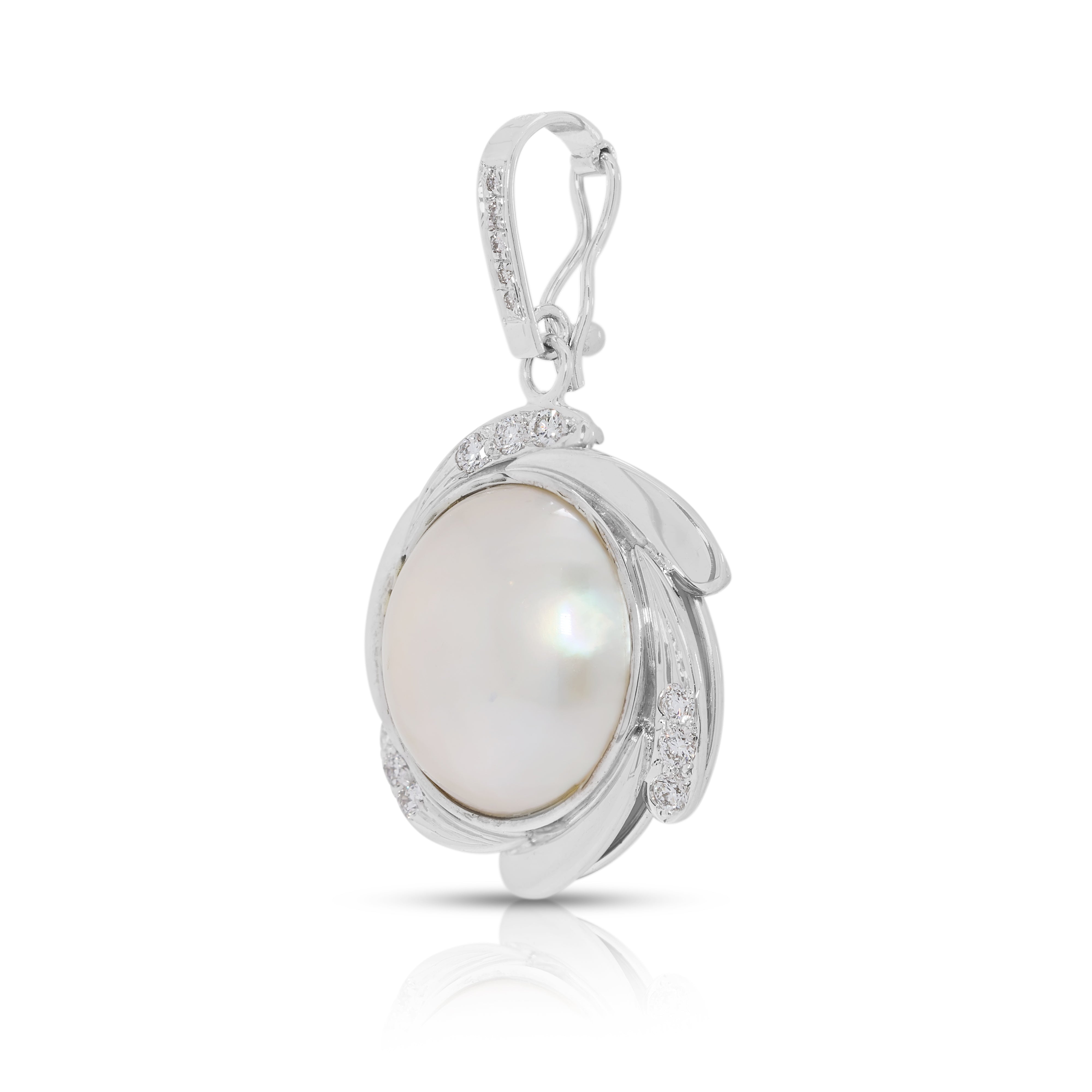 Luminous 14mm Champagne Mabe Pearl & 0.28ct Natural Diamond Swirl Pendant in 18K White Gold (New)