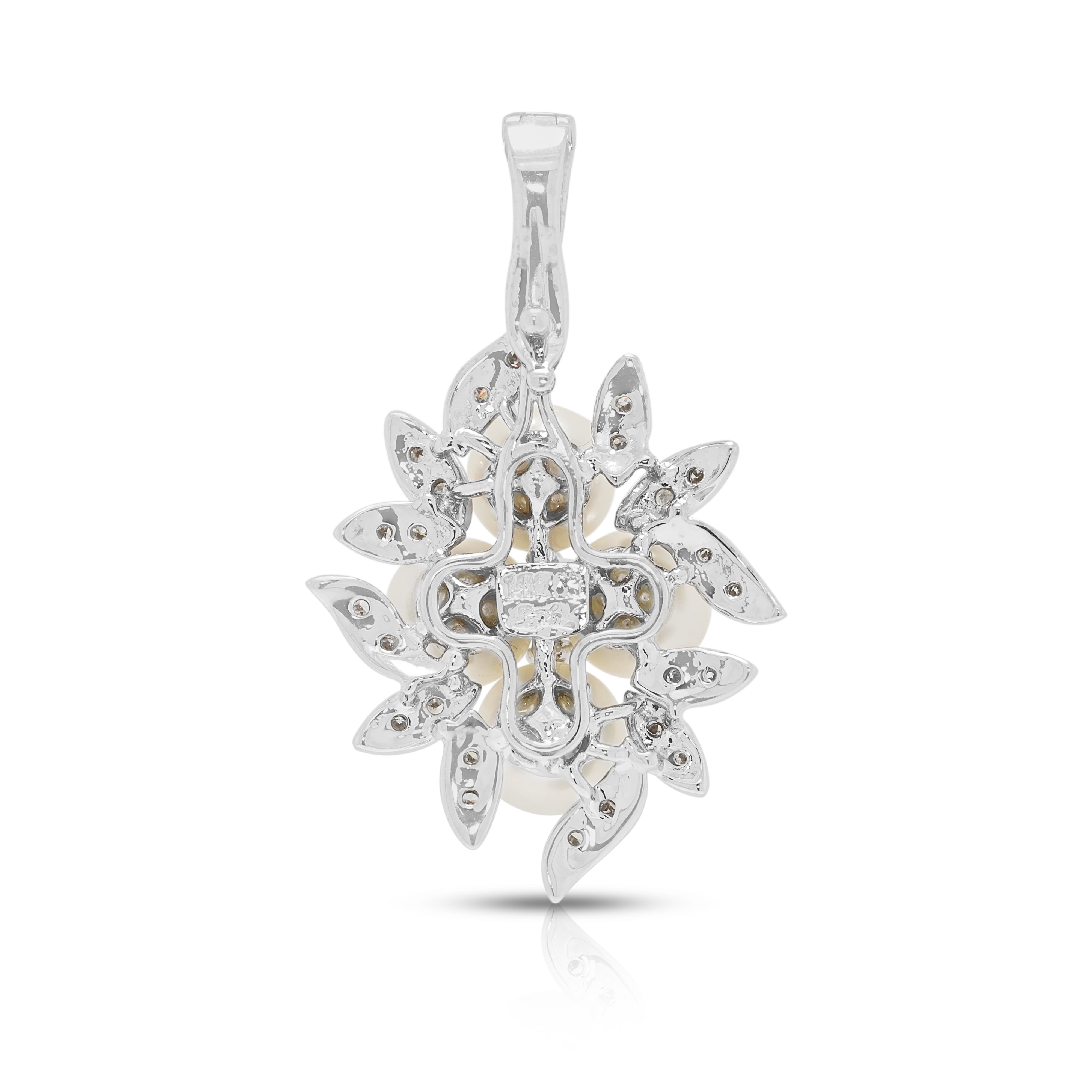 Exquisite Pearl and 0.20ct Natural Diamond Floral Enhancer Pendant in 14K White Gold
