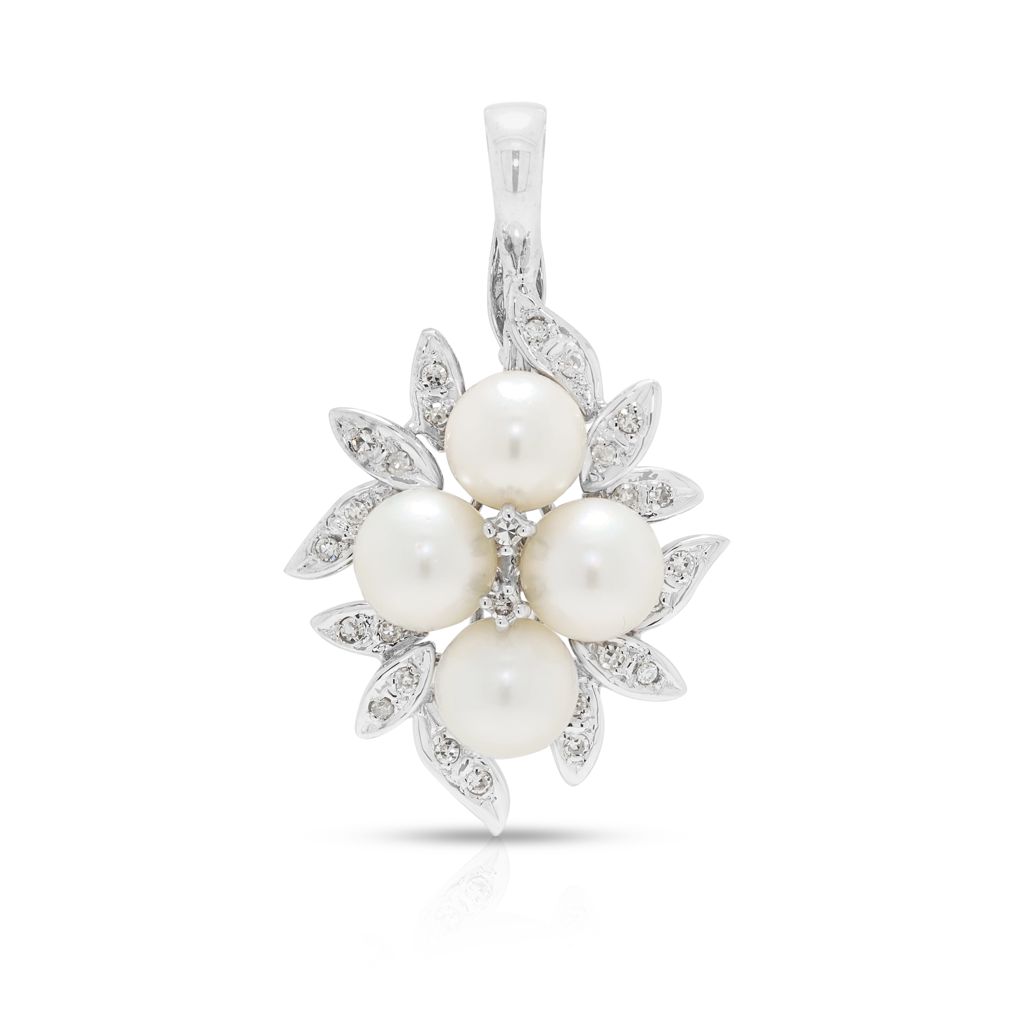 Exquisite Pearl and 0.20ct Natural Diamond Floral Enhancer Pendant in 14K White Gold