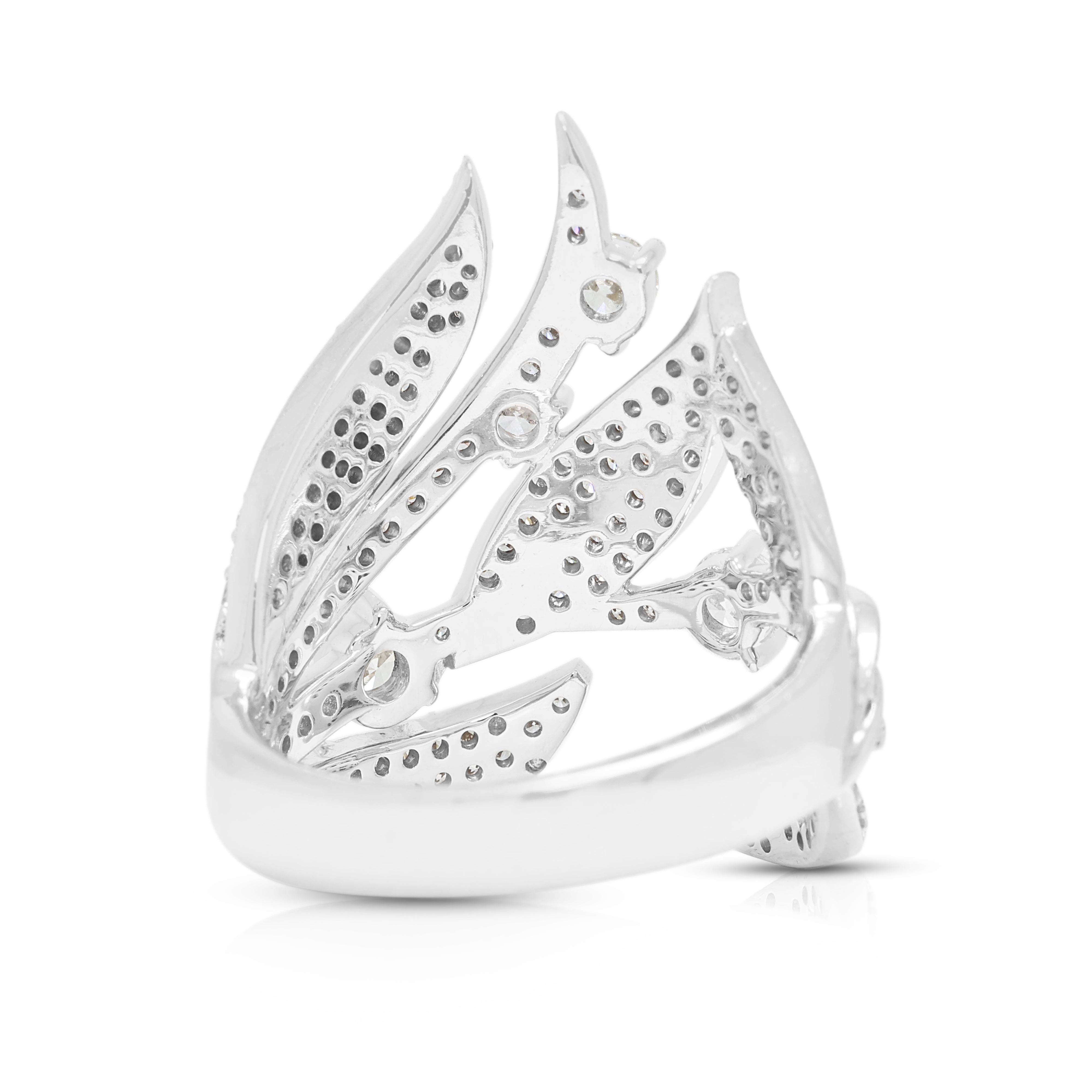 Exquisite 1.34ct Natural Diamond Leaf Motif Open-Work Ring in 18K White Gold