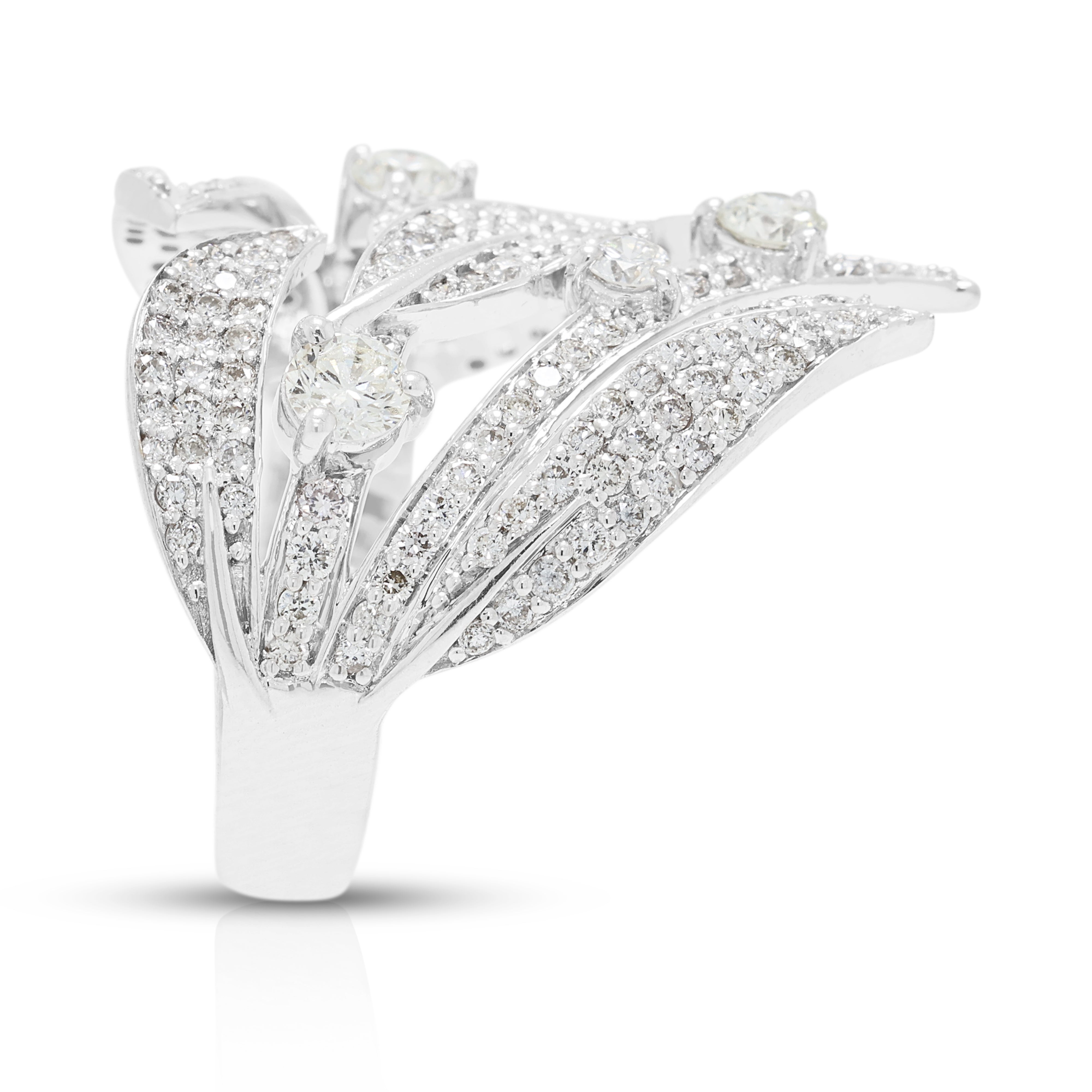 Exquisite 1.34ct Natural Diamond Leaf Motif Open-Work Ring in 18K White Gold