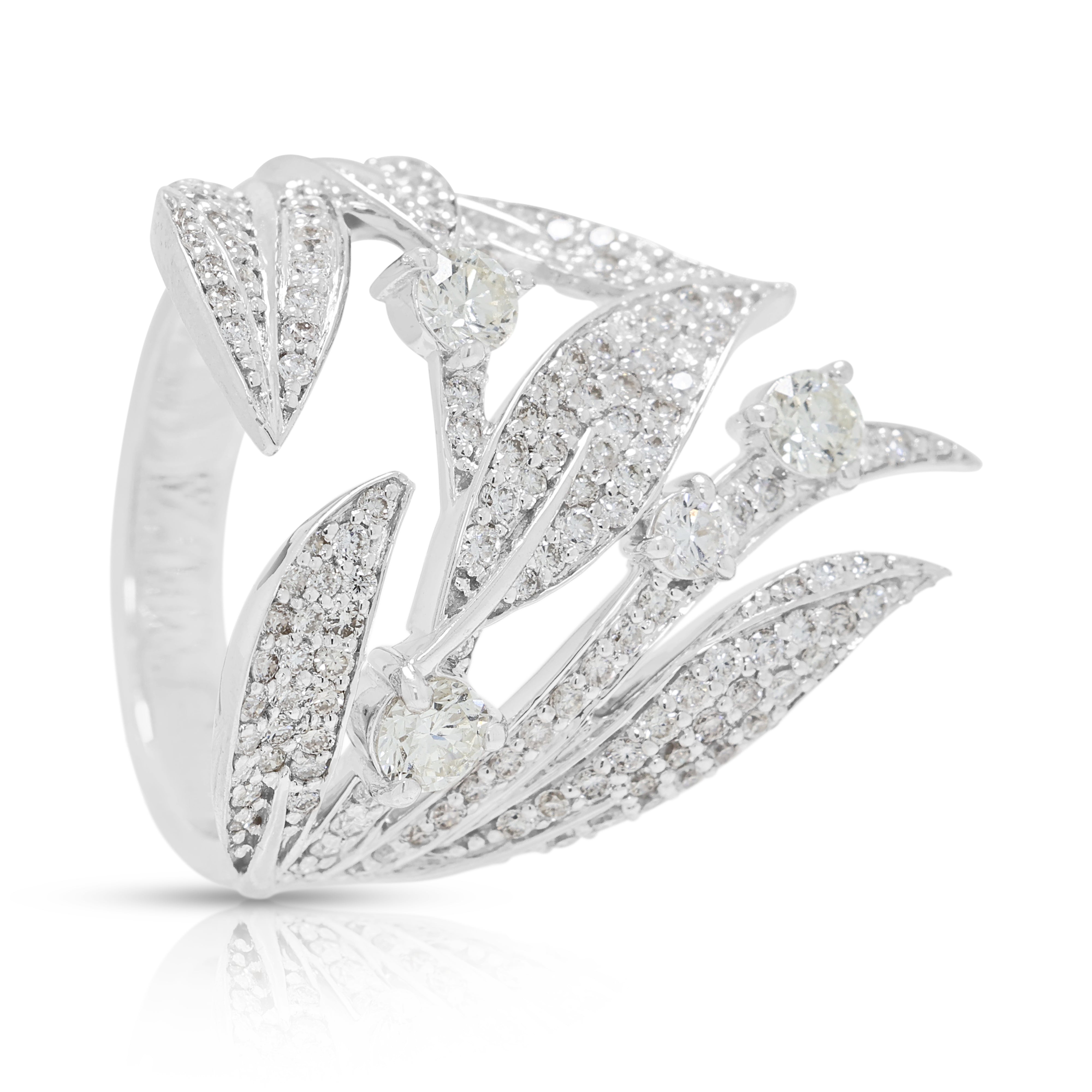 Exquisite 1.34ct Natural Diamond Leaf Motif Open-Work Ring in 18K White Gold