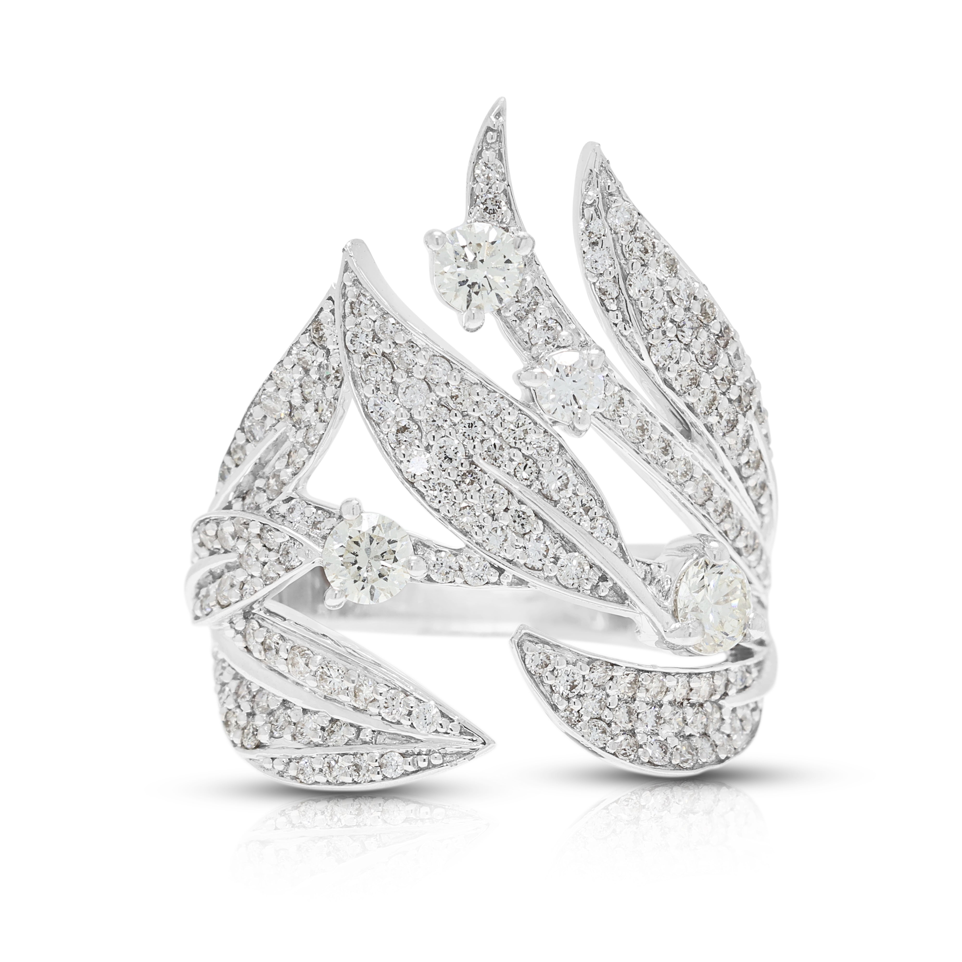 Exquisite 1.34ct Natural Diamond Leaf Motif Open-Work Ring in 18K White Gold