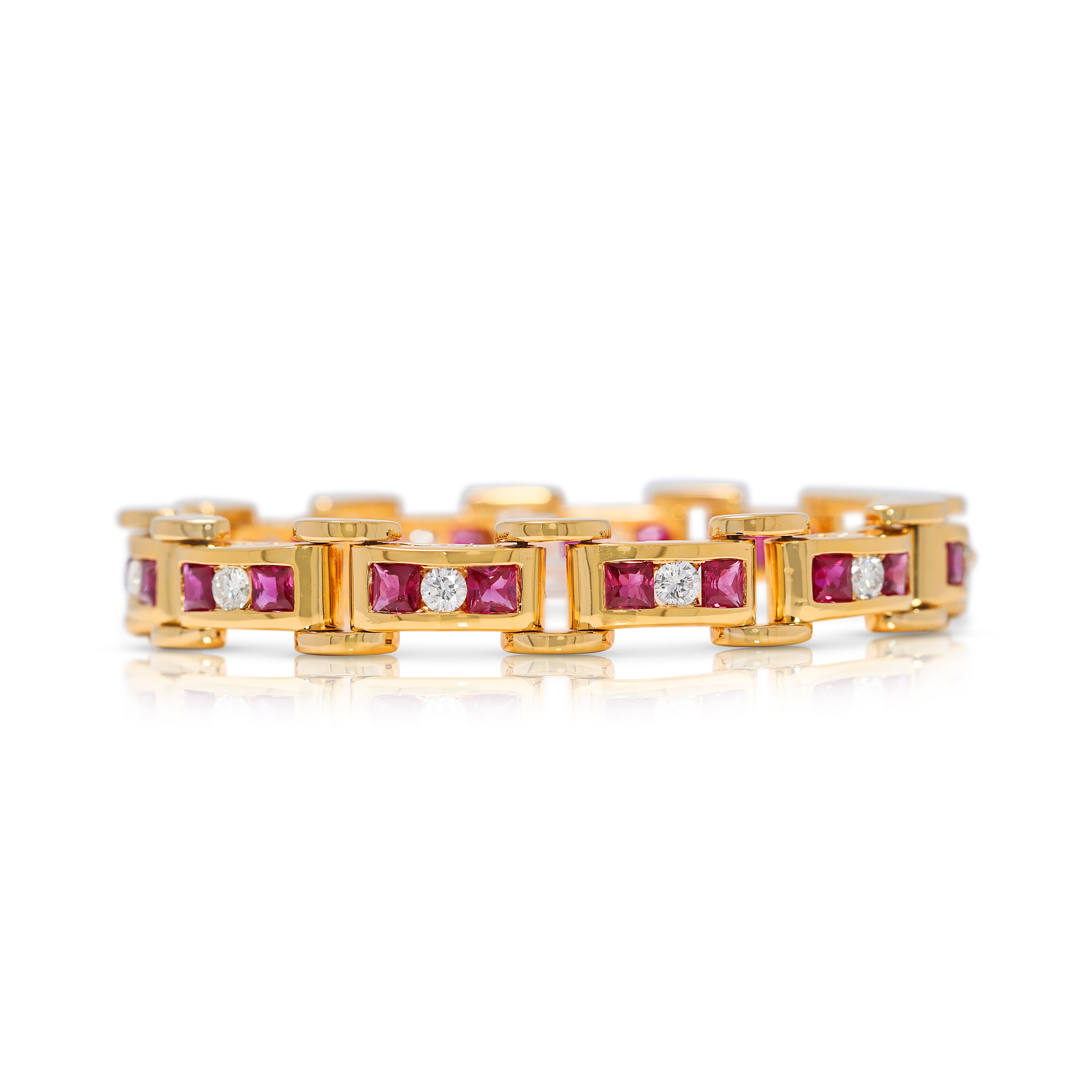 Luxurious 3.6ct Ruby & Natural Diamond Link Bracelet in 14K Yellow Gold