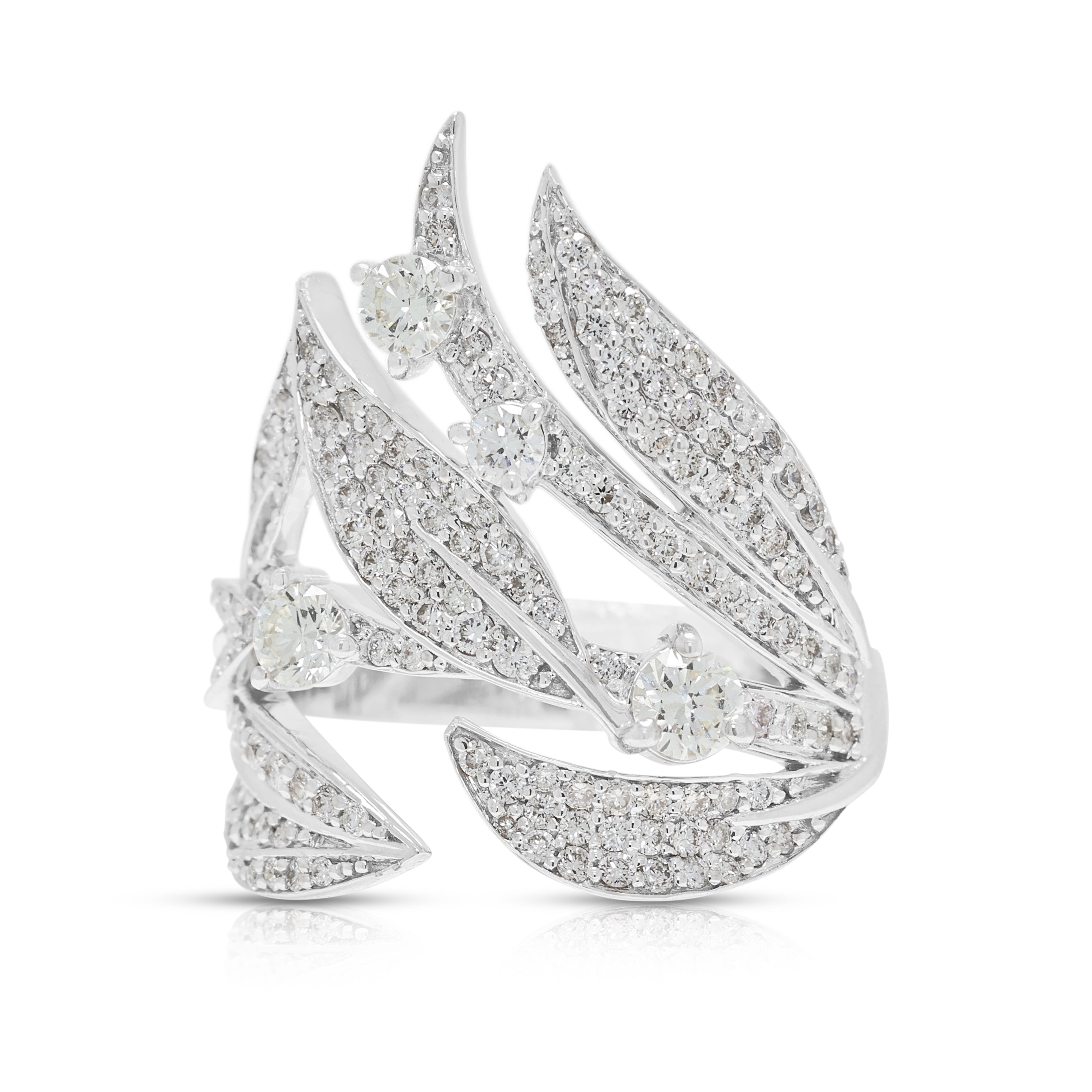 Exquisite 1.34ct Natural Diamond Leaf Motif Open-Work Ring in 18K White Gold