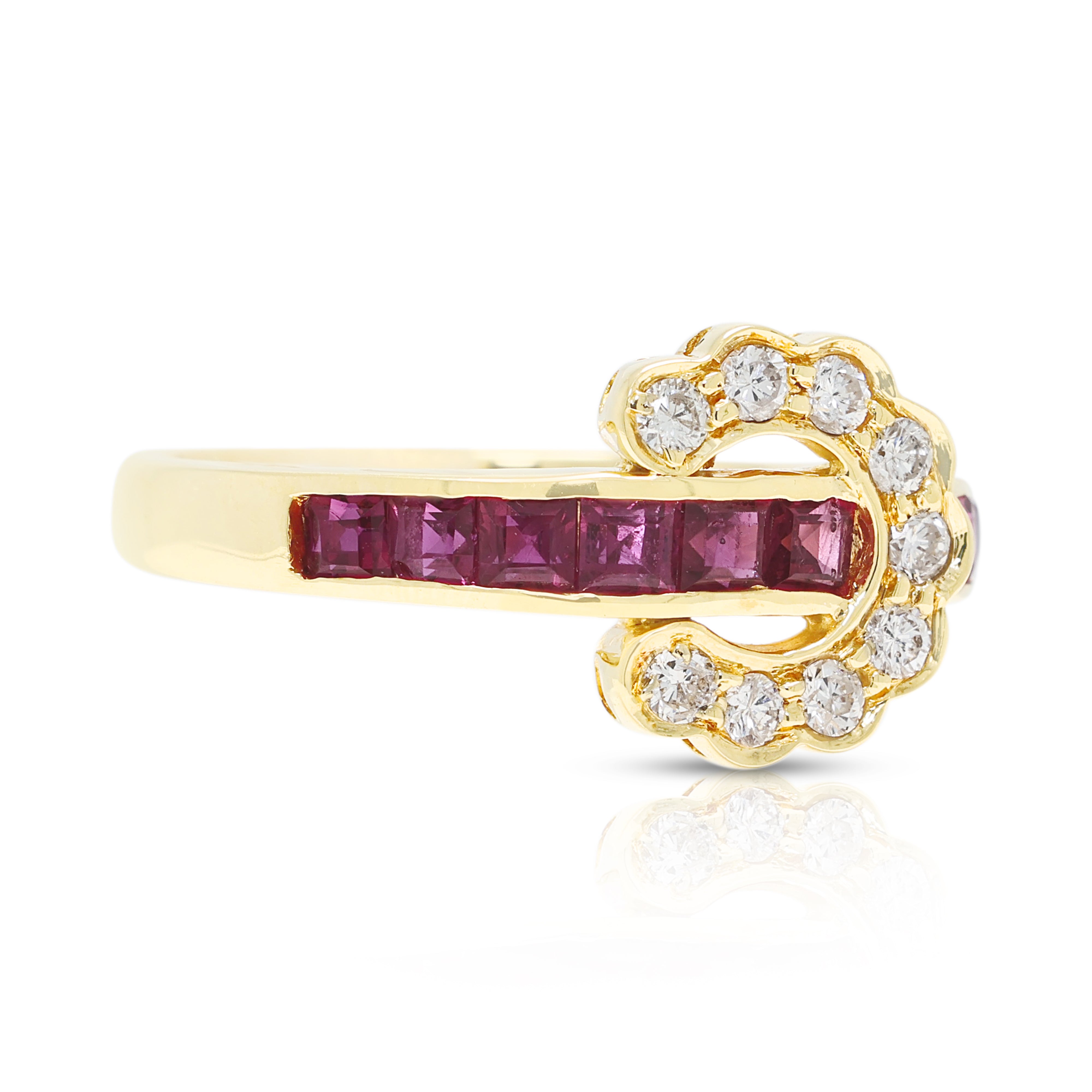 Distinctive 0.27ct Ruby and 0.13ct Natural Diamond Overlapping Ring in 18K Yellow Gold