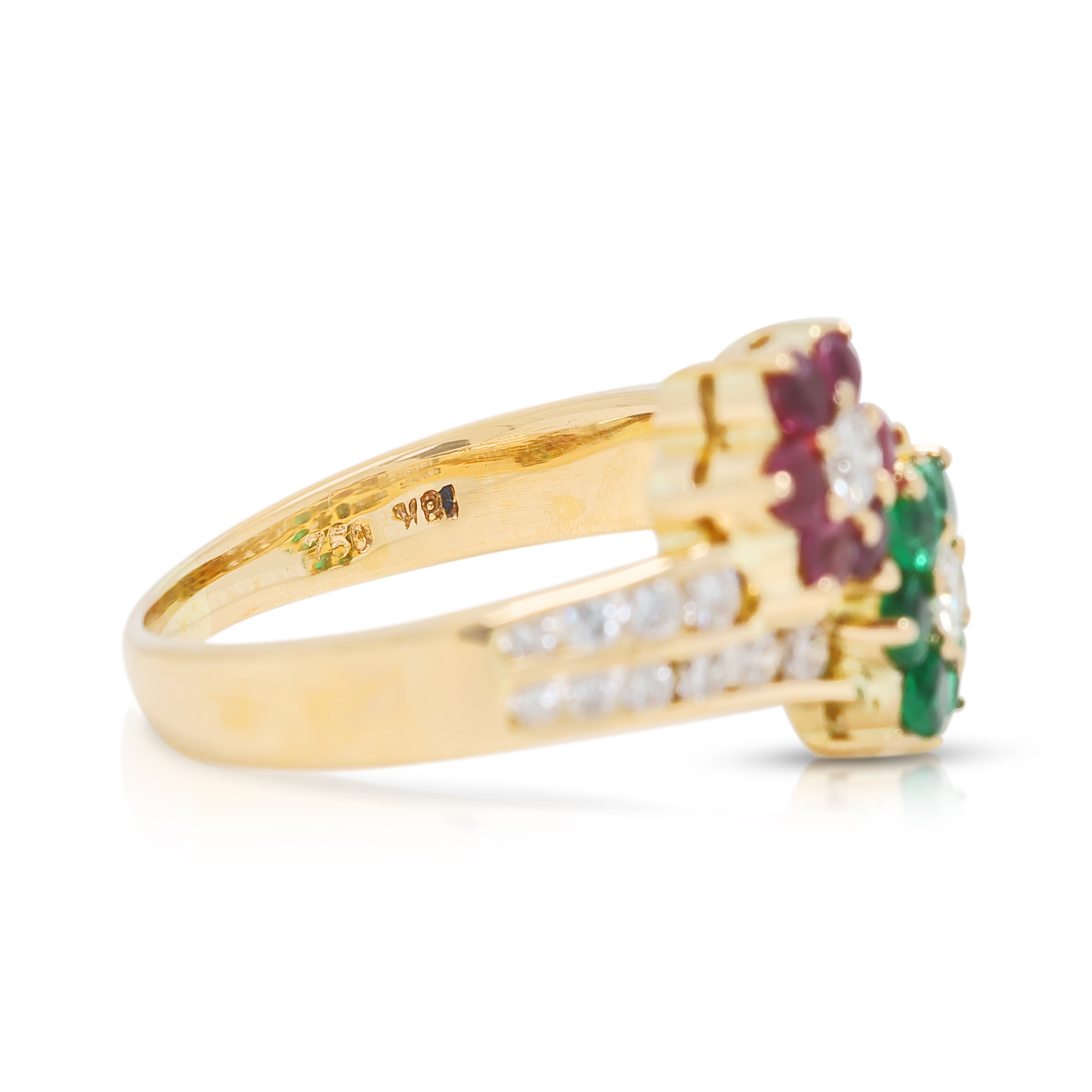 Enchanting 0.09ct Emerald, 0.09ct Ruby and 0.13ct Natural Diamond Floral Bypass Ring in 18K Yellow Gold