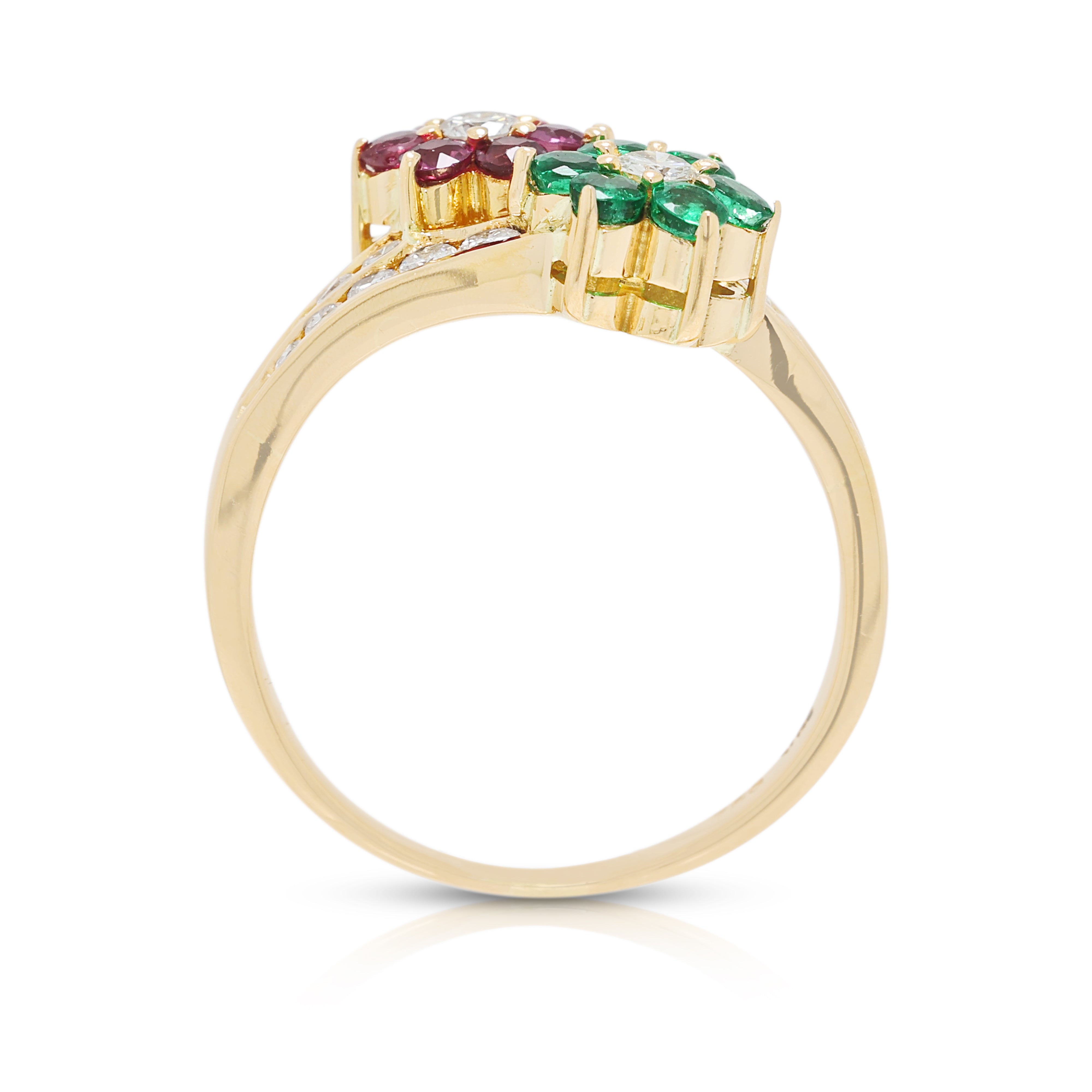 Enchanting 0.09ct Emerald, 0.09ct Ruby and 0.13ct Natural Diamond Floral Bypass Ring in 18K Yellow Gold