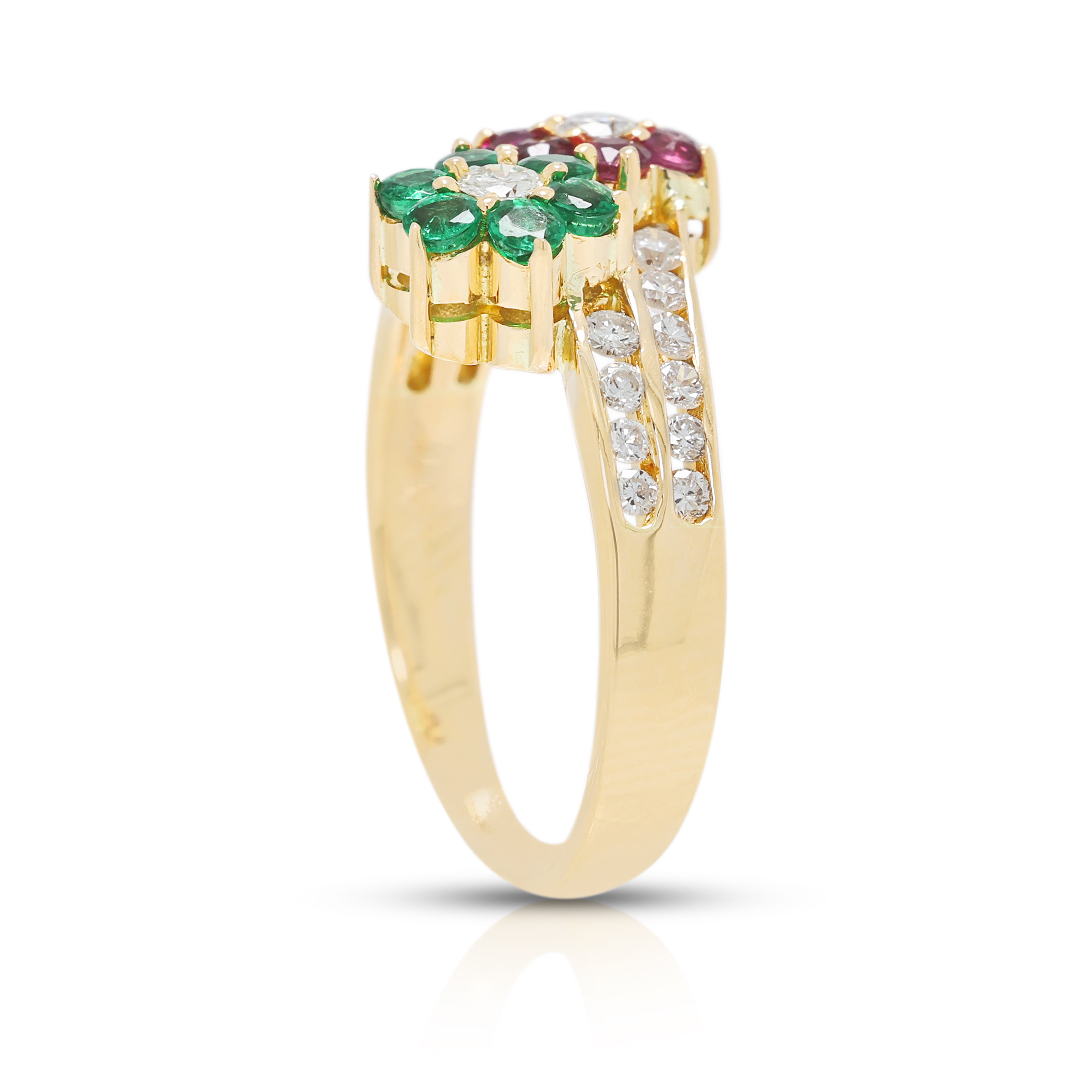 Enchanting 0.09ct Emerald, 0.09ct Ruby and 0.13ct Natural Diamond Floral Bypass Ring in 18K Yellow Gold