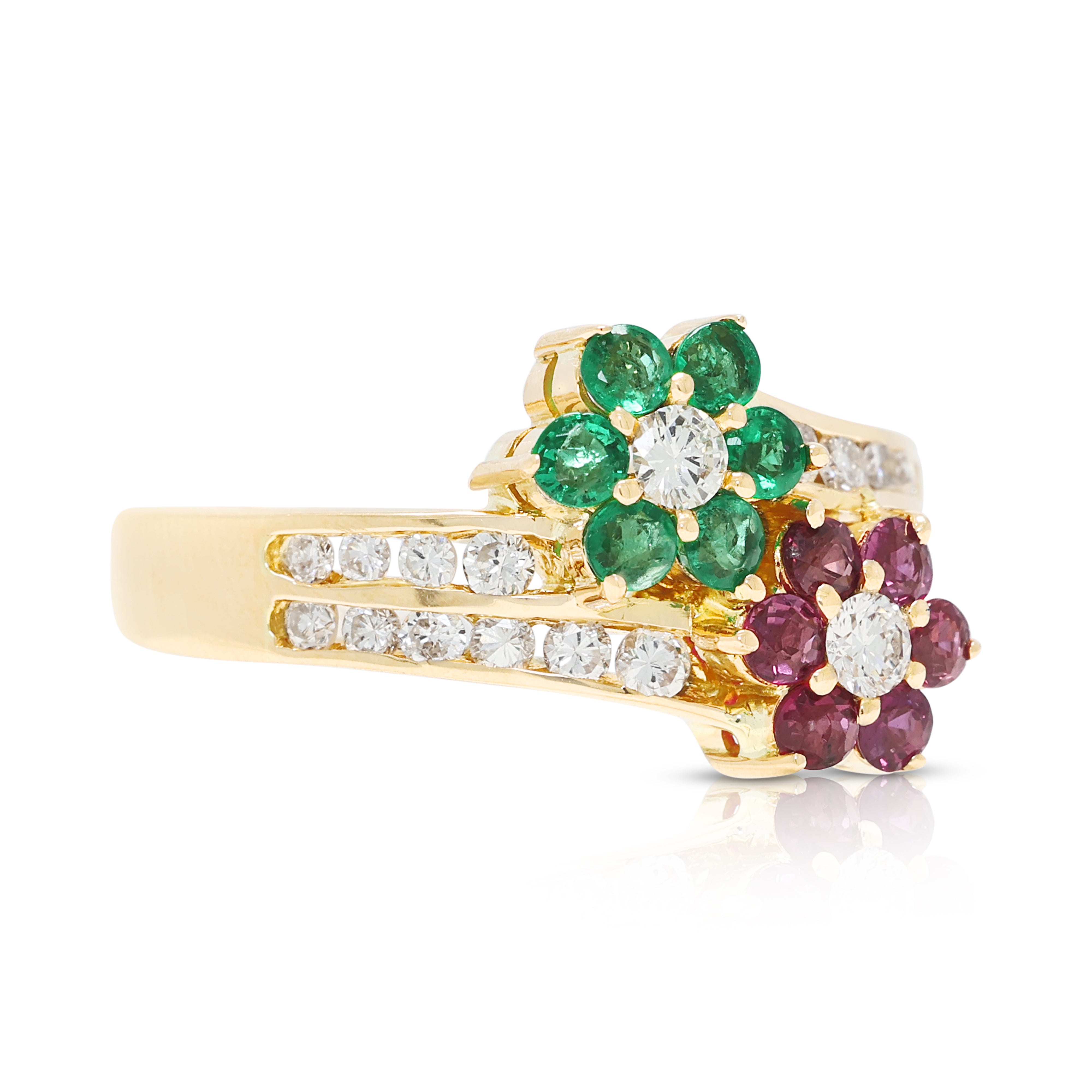 Enchanting 0.09ct Emerald, 0.09ct Ruby and 0.13ct Natural Diamond Floral Bypass Ring in 18K Yellow Gold
