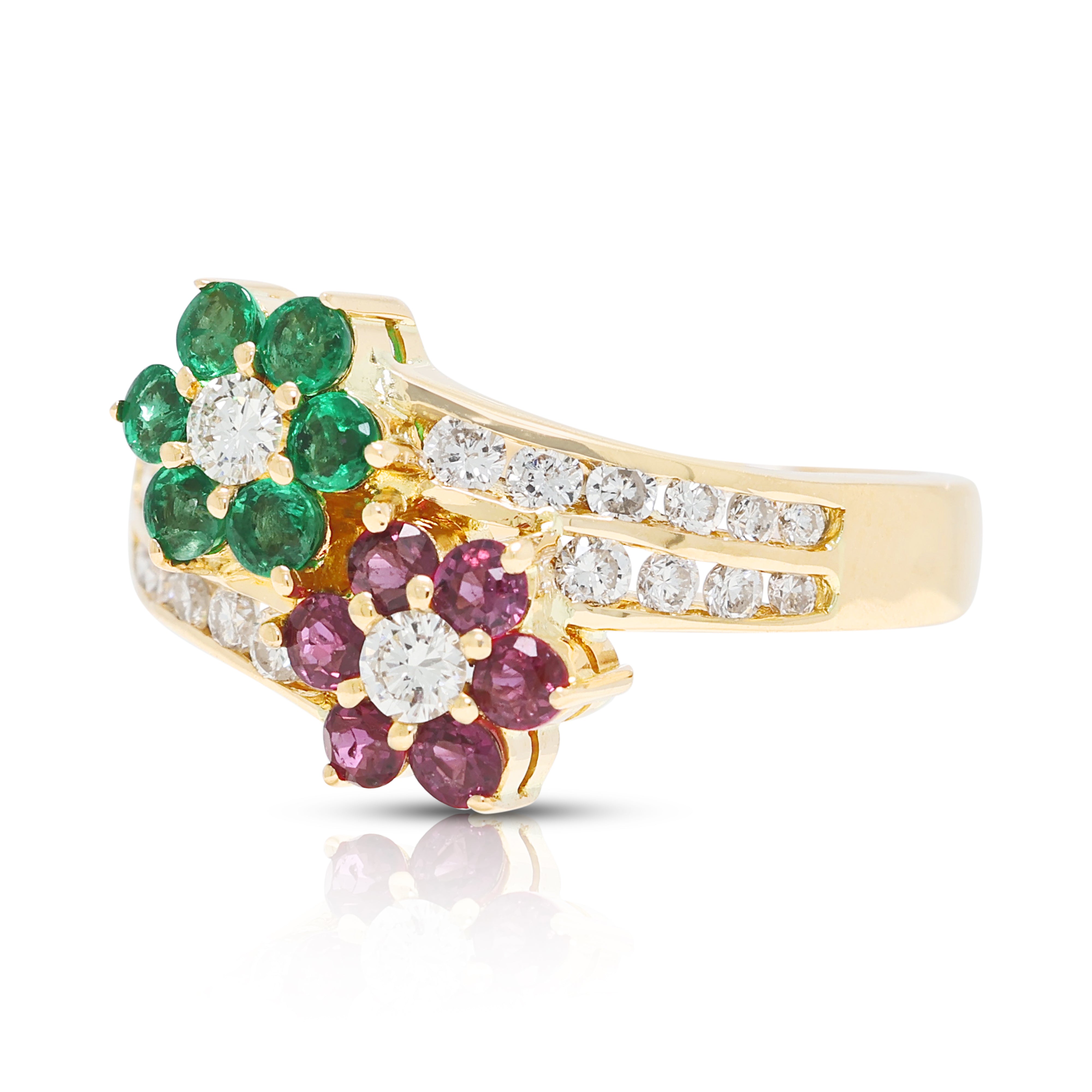 Enchanting 0.09ct Emerald, 0.09ct Ruby and 0.13ct Natural Diamond Floral Bypass Ring in 18K Yellow Gold