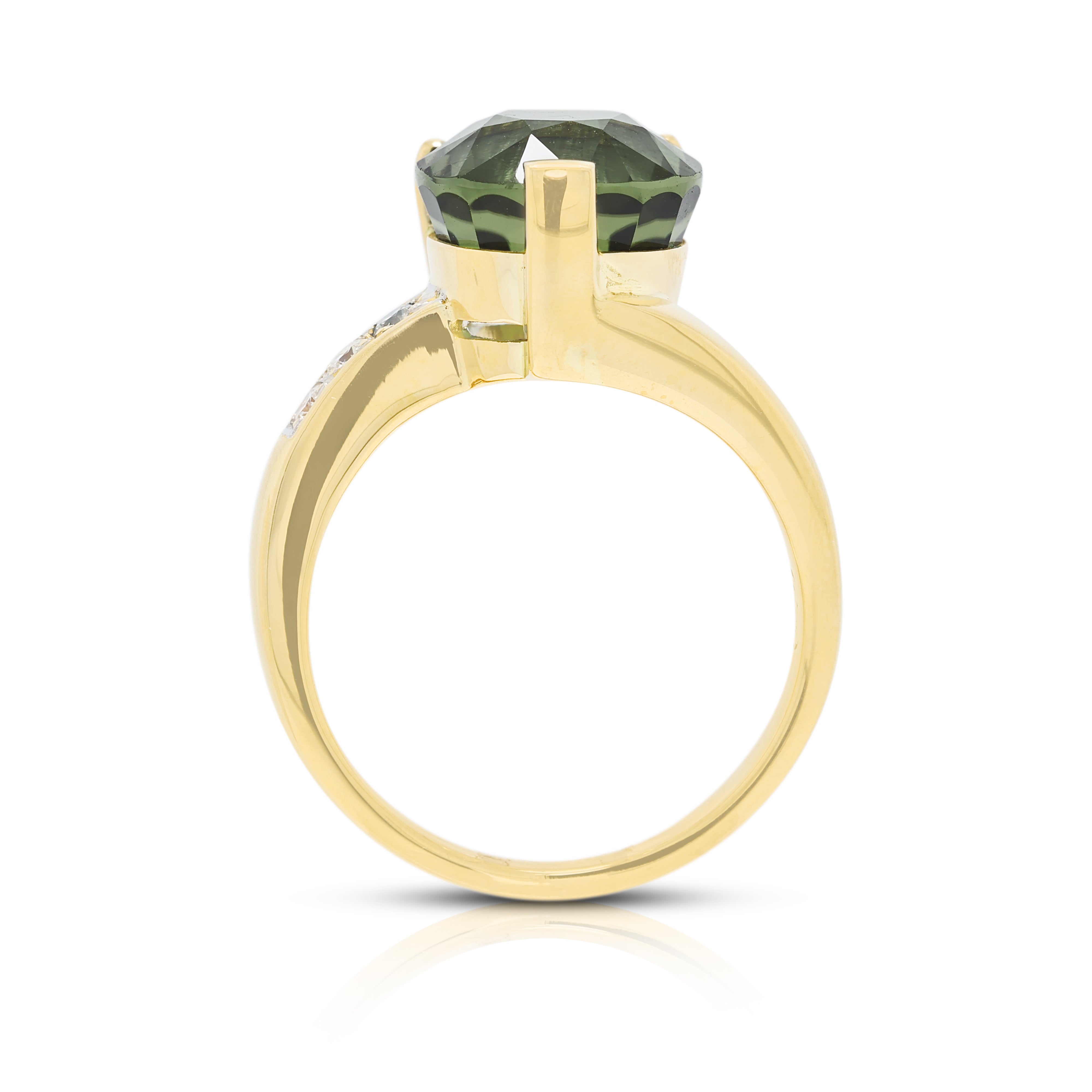 Impressive 7.75ct Peridot and 0.12ct Natural Diamond Asymmetrical Ring in 18K Yellow Gold