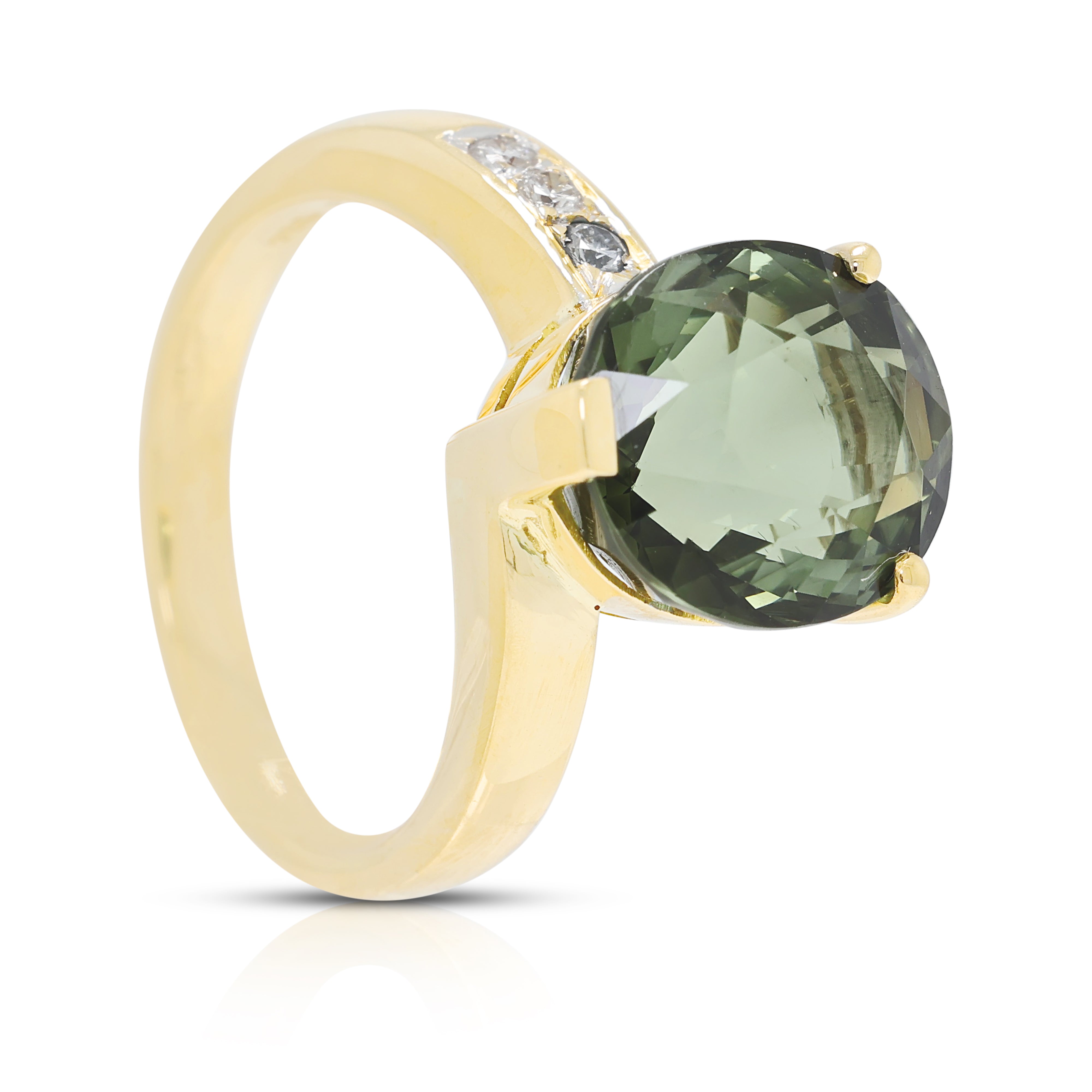 Impressive 7.75ct Peridot and 0.12ct Natural Diamond Asymmetrical Ring in 18K Yellow Gold