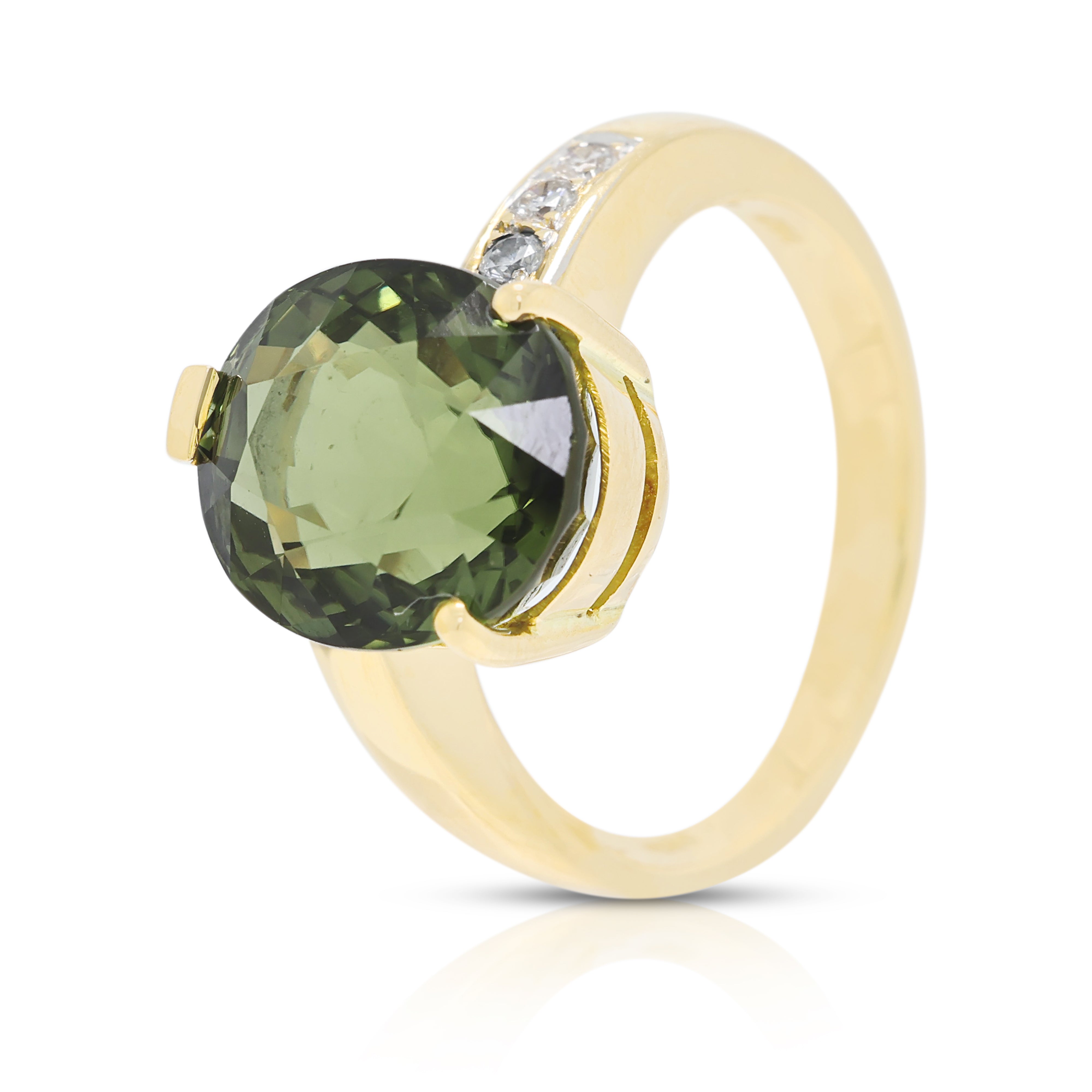 Impressive 7.75ct Peridot and 0.12ct Natural Diamond Asymmetrical Ring in 18K Yellow Gold