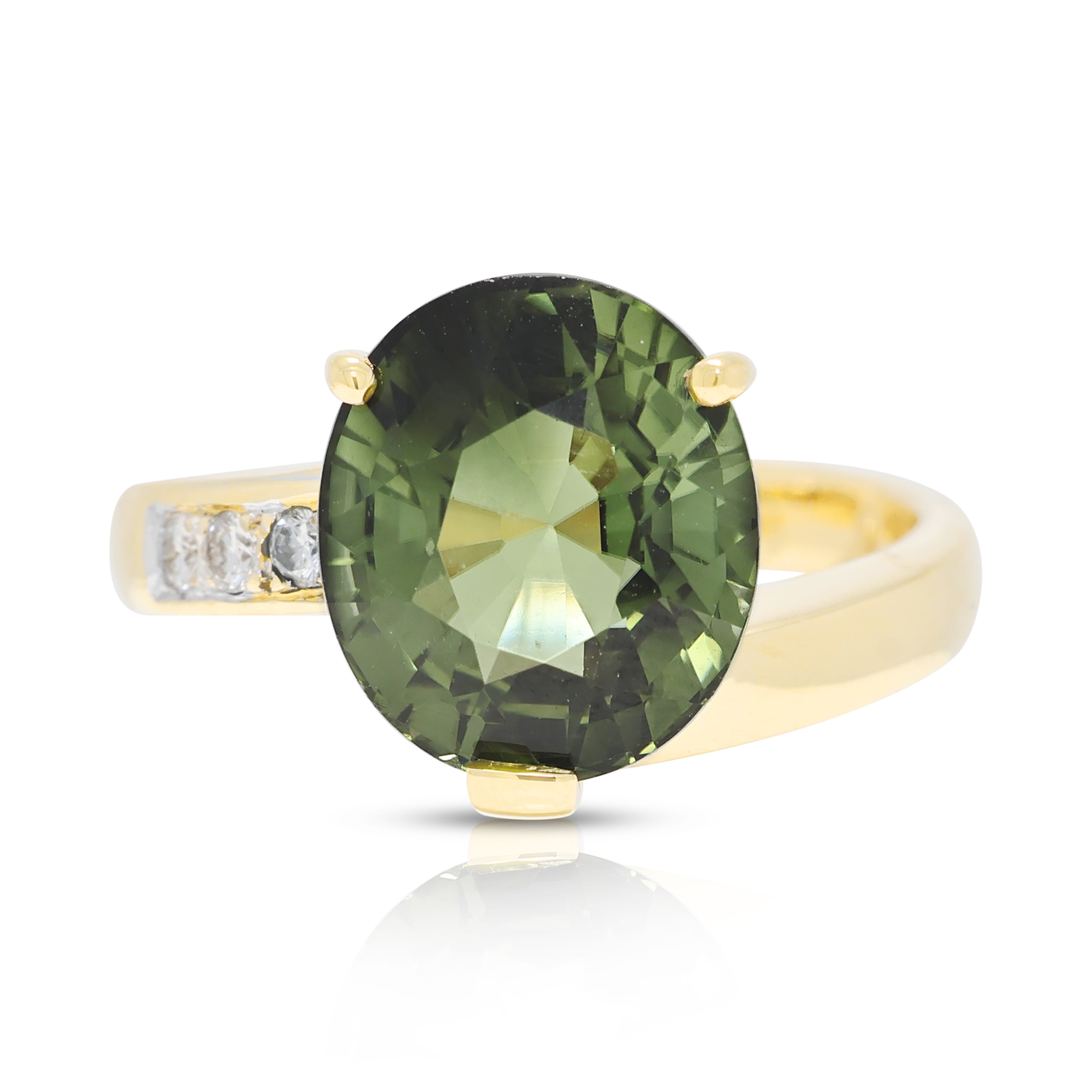 Impressive 7.75ct Peridot and 0.12ct Natural Diamond Asymmetrical Ring in 18K Yellow Gold