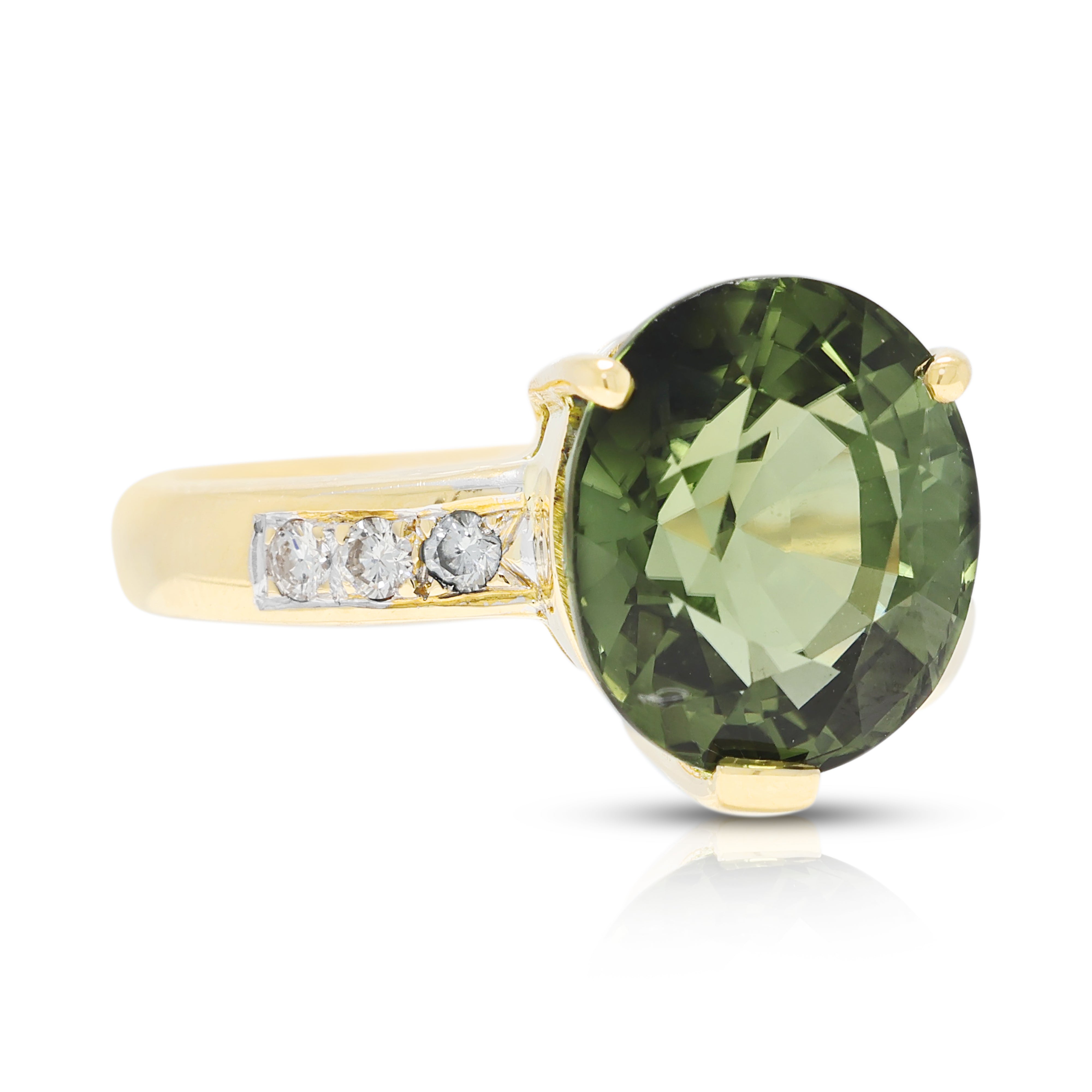 Impressive 7.75ct Peridot and 0.12ct Natural Diamond Asymmetrical Ring in 18K Yellow Gold