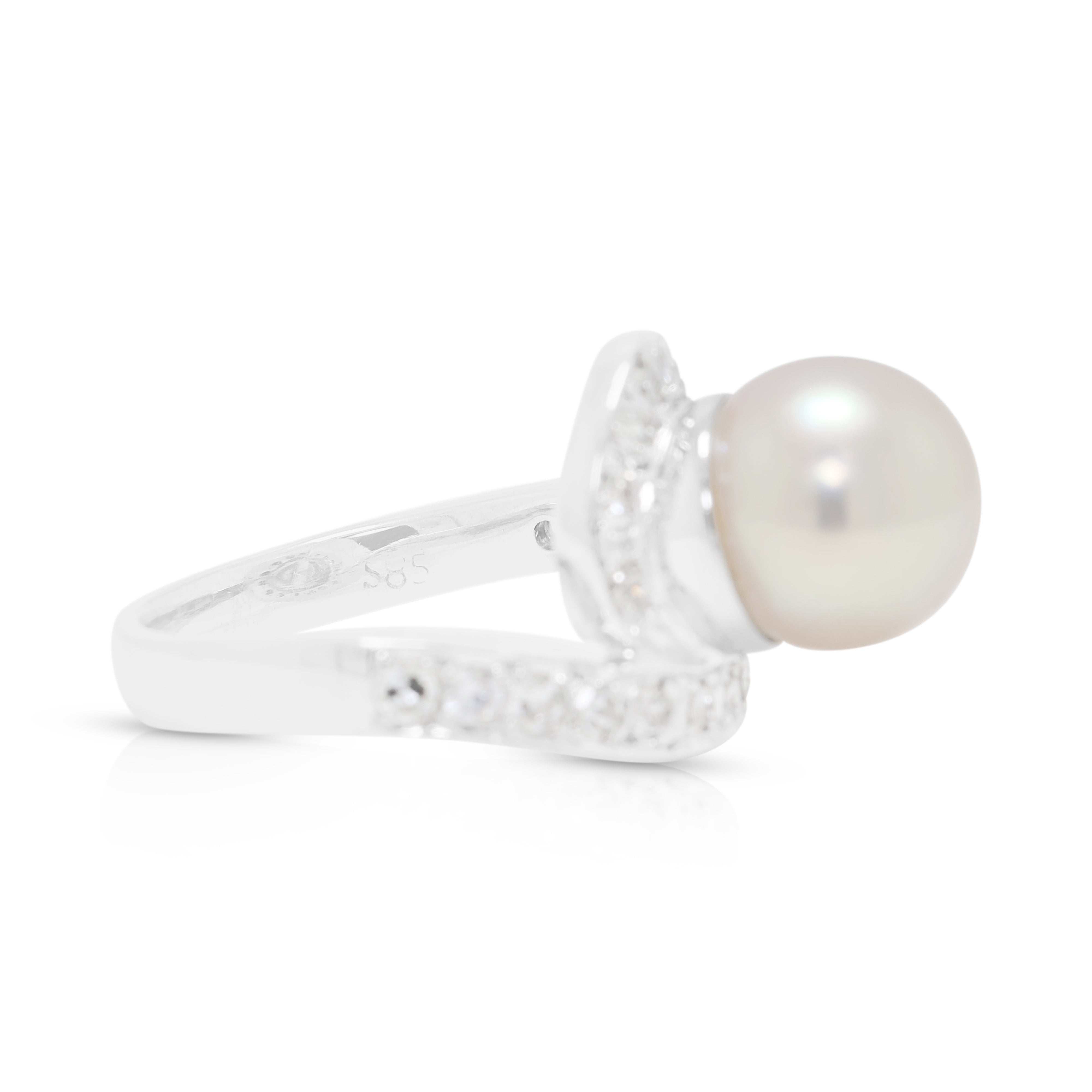 Graceful 8.5mm Pink Akoya Pearl and 0.20ct Natural Diamond Swirl Ring in 14K White Gold