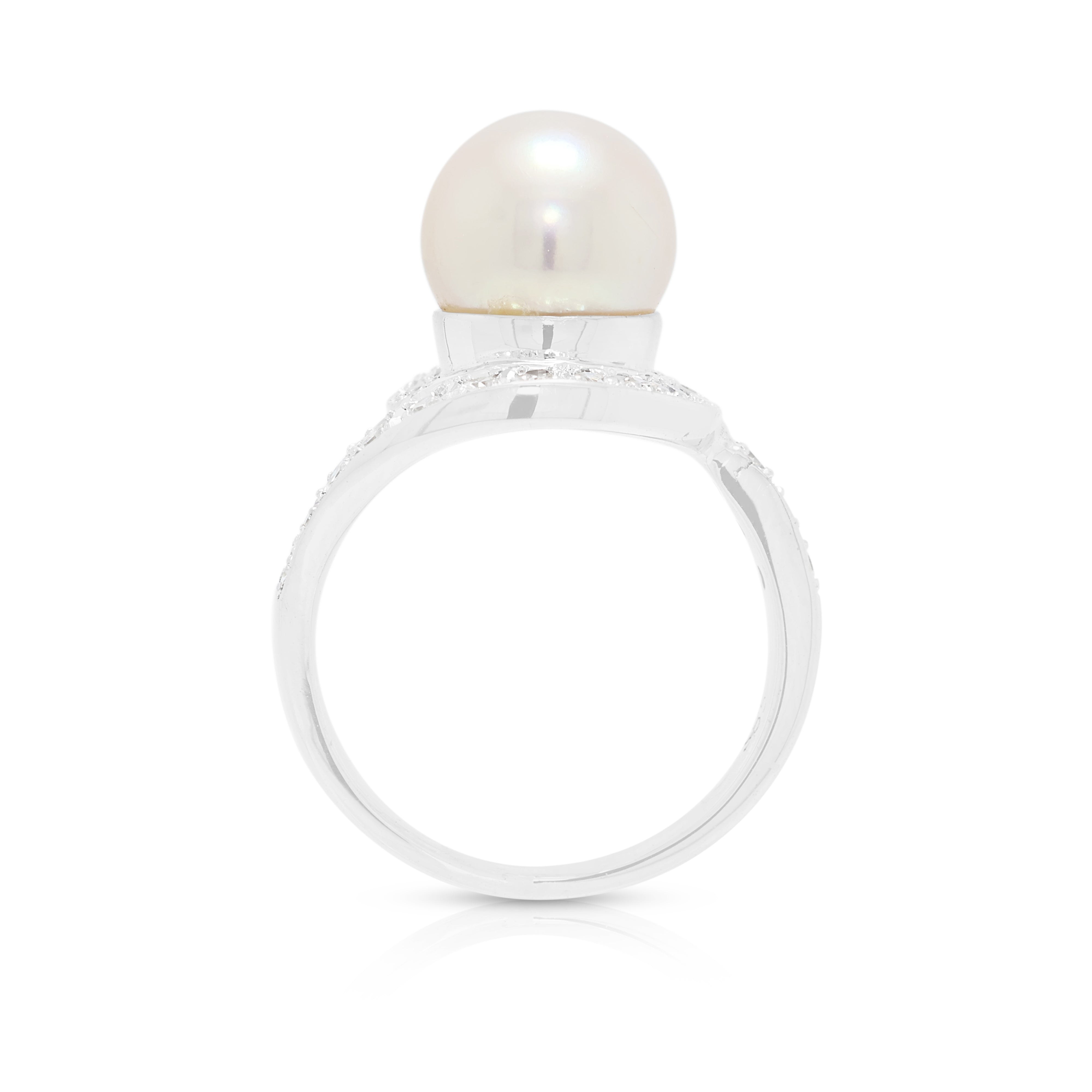 Graceful 8.5mm Pink Akoya Pearl and 0.20ct Natural Diamond Swirl Ring in 14K White Gold