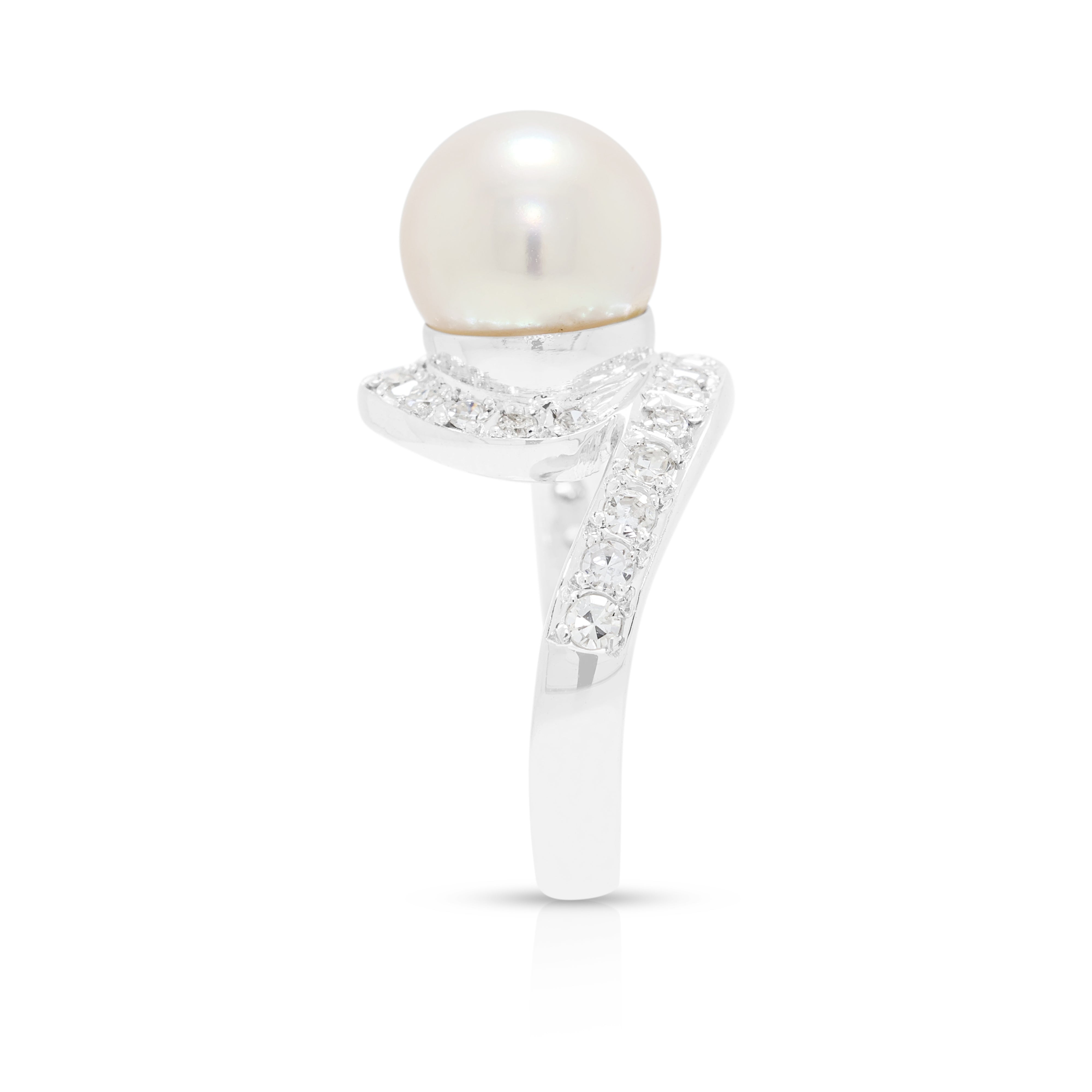 Graceful 8.5mm Pink Akoya Pearl and 0.20ct Natural Diamond Swirl Ring in 14K White Gold