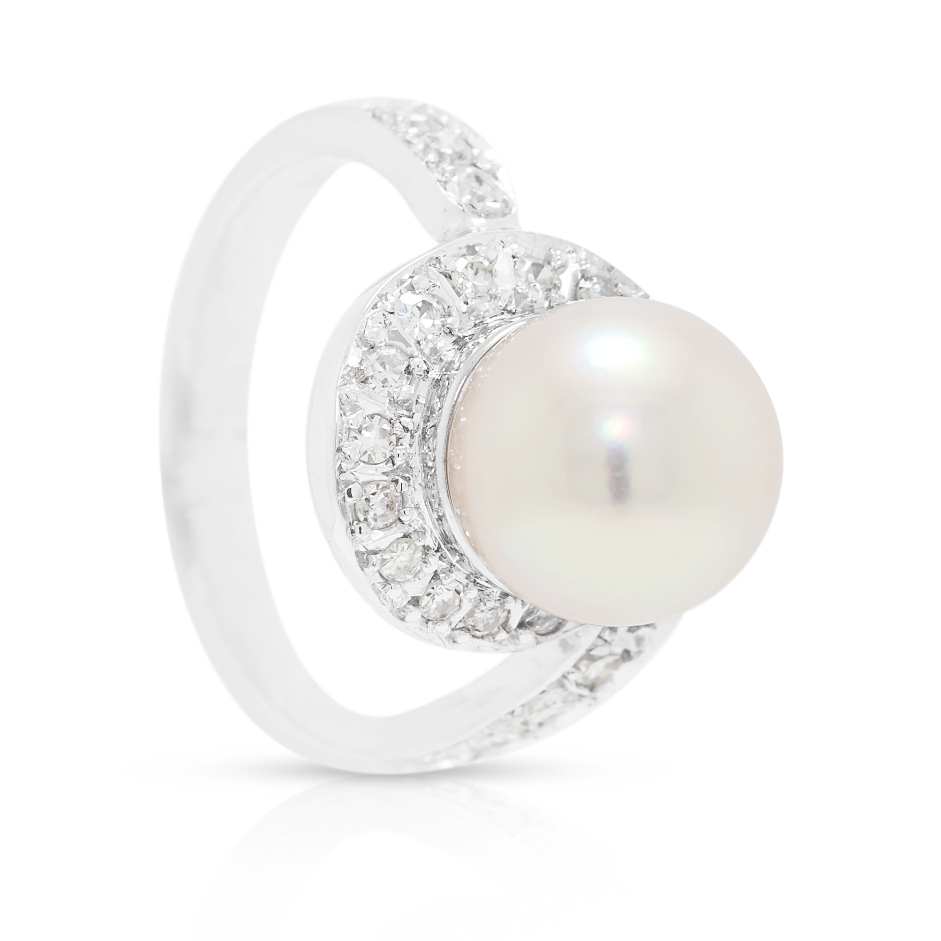 Graceful 8.5mm Pink Akoya Pearl and 0.20ct Natural Diamond Swirl Ring in 14K White Gold