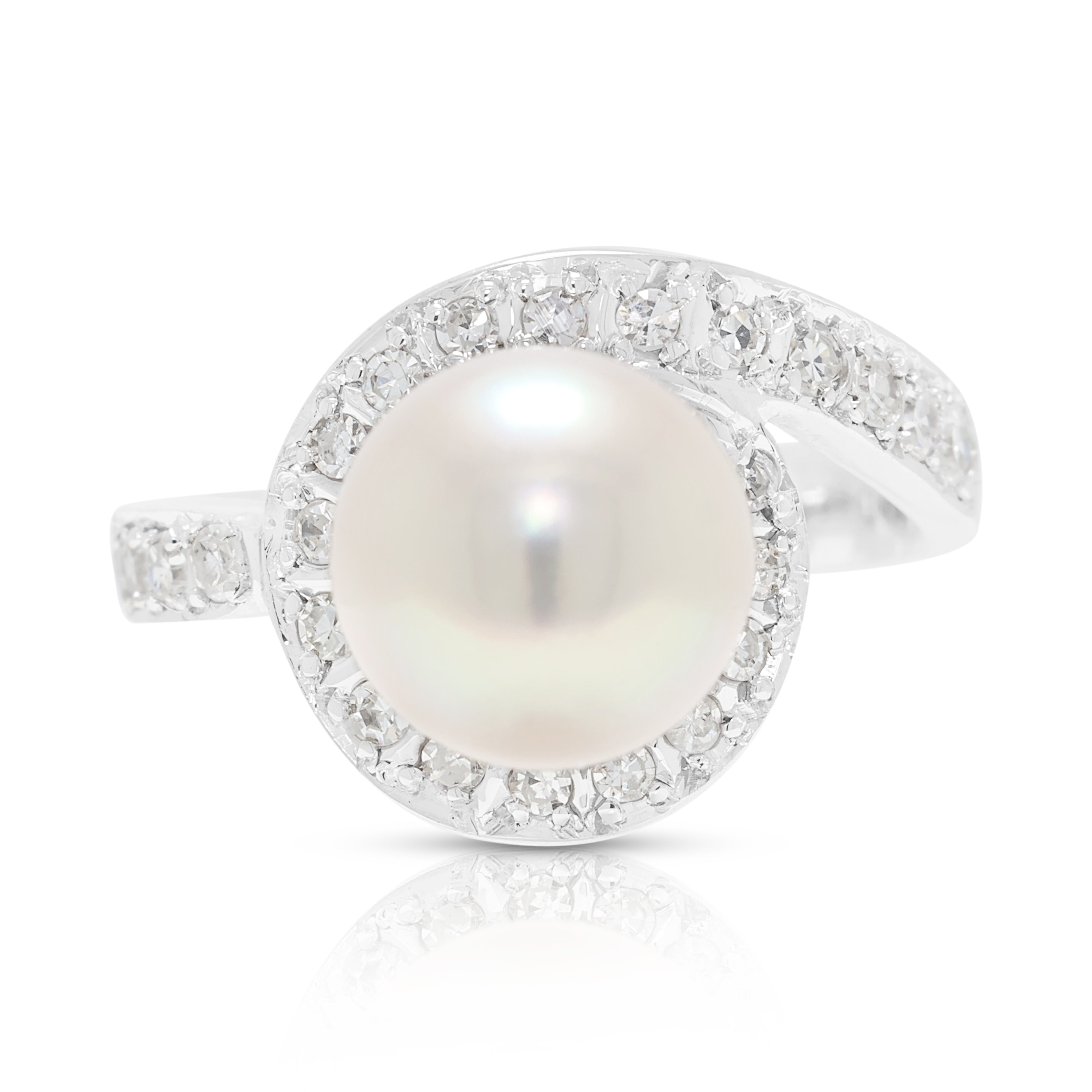 Graceful 8.5mm Pink Akoya Pearl and 0.20ct Natural Diamond Swirl Ring in 14K White Gold