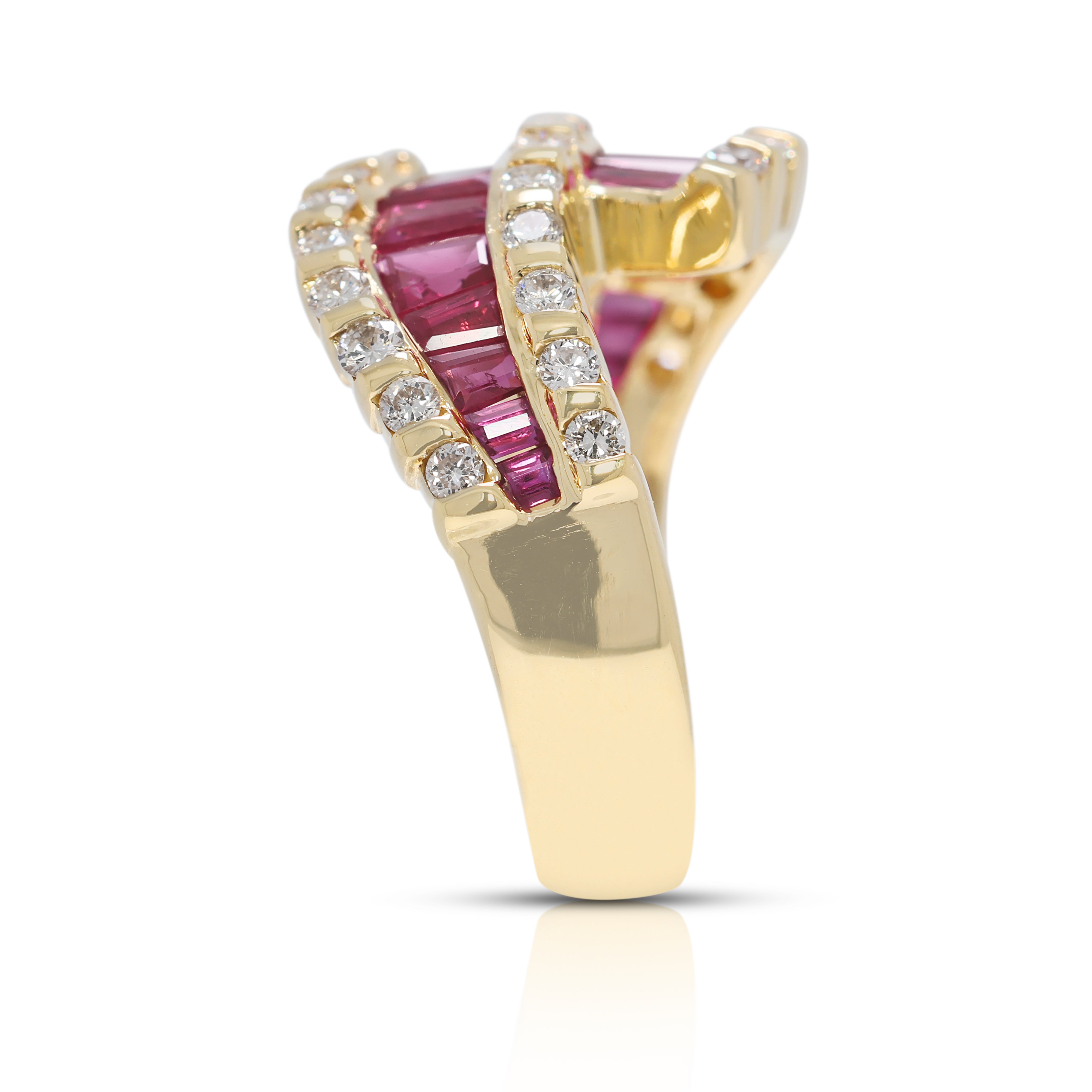Striking 2.36ct Ruby & Natural Diamond Wave Ring in 18K Yellow Gold