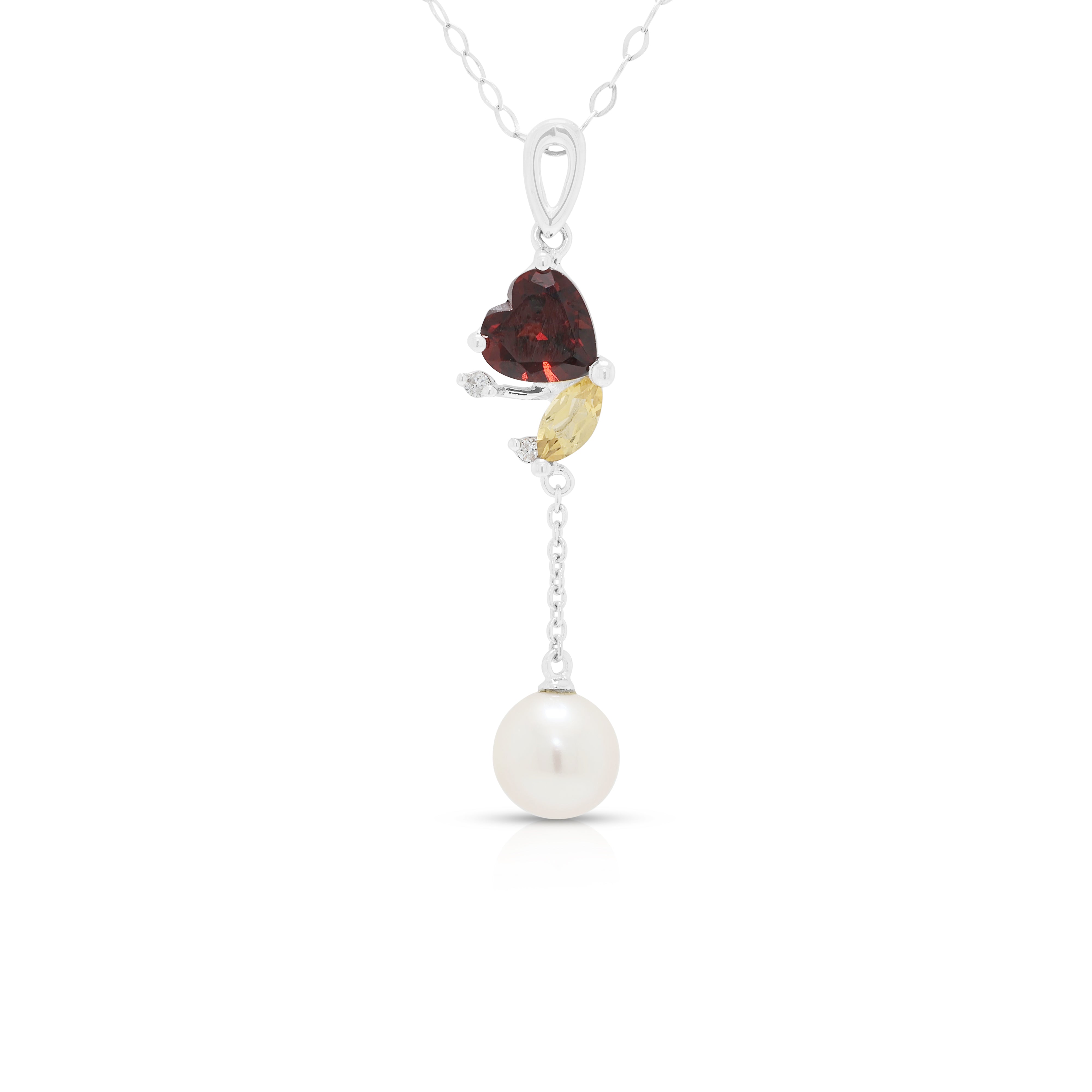 Delicate 0.60ct Garnet, 0.10ct Citrine and Pearl Drop Pendant Necklace in 14K White Gold