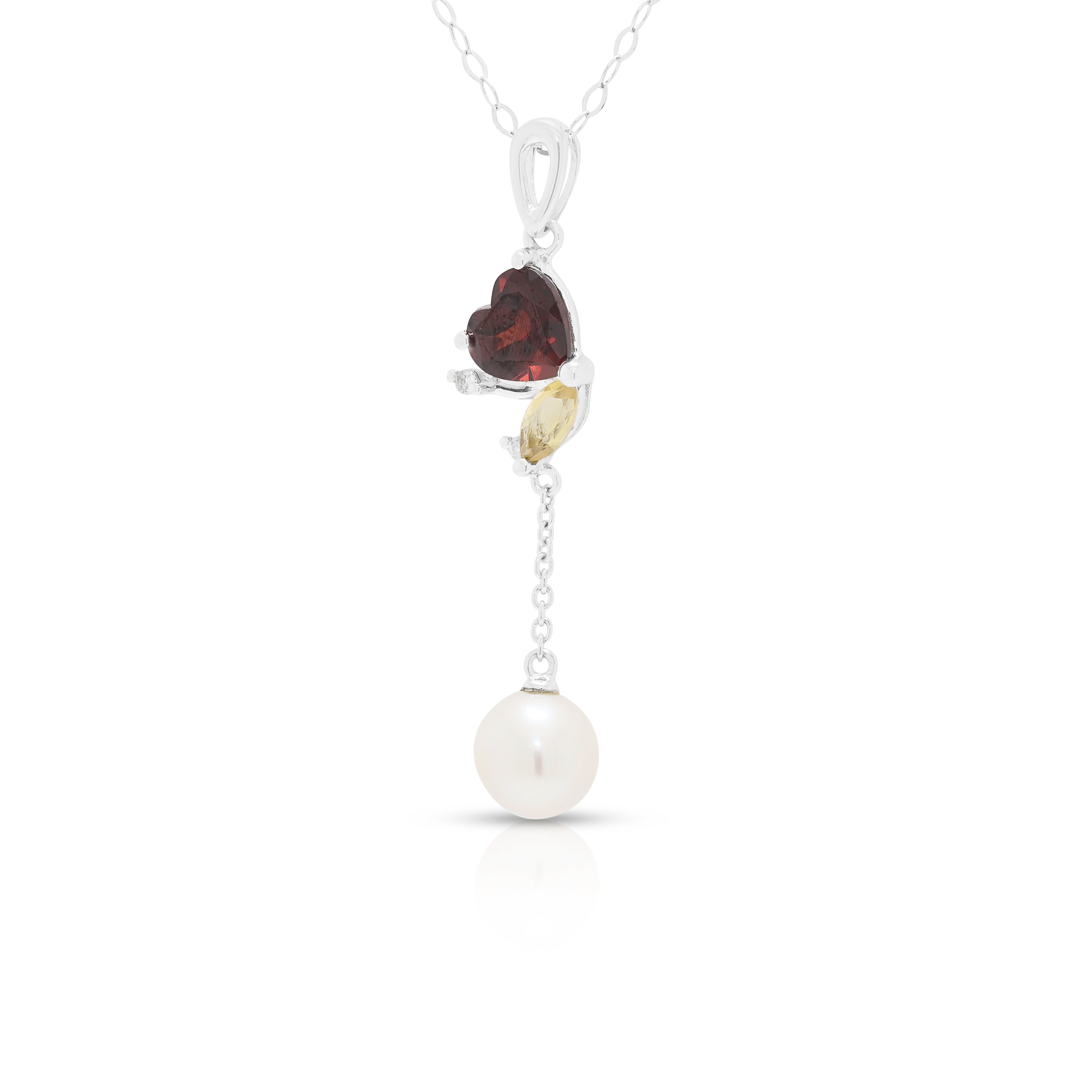 Delicate 0.60ct Garnet, 0.10ct Citrine and Pearl Drop Pendant Necklace in 14K White Gold