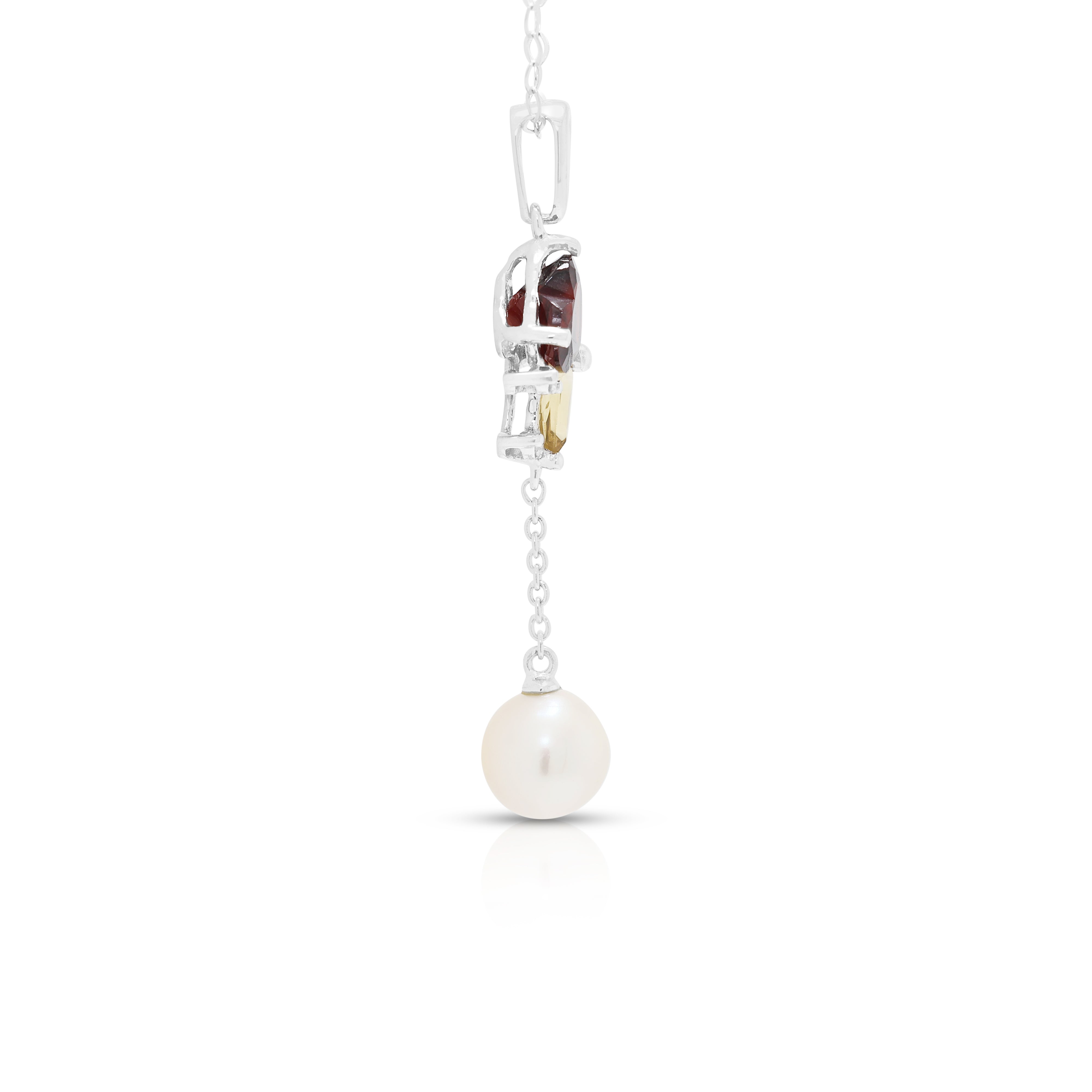 Delicate 0.60ct Garnet, 0.10ct Citrine and Pearl Drop Pendant Necklace in 14K White Gold
