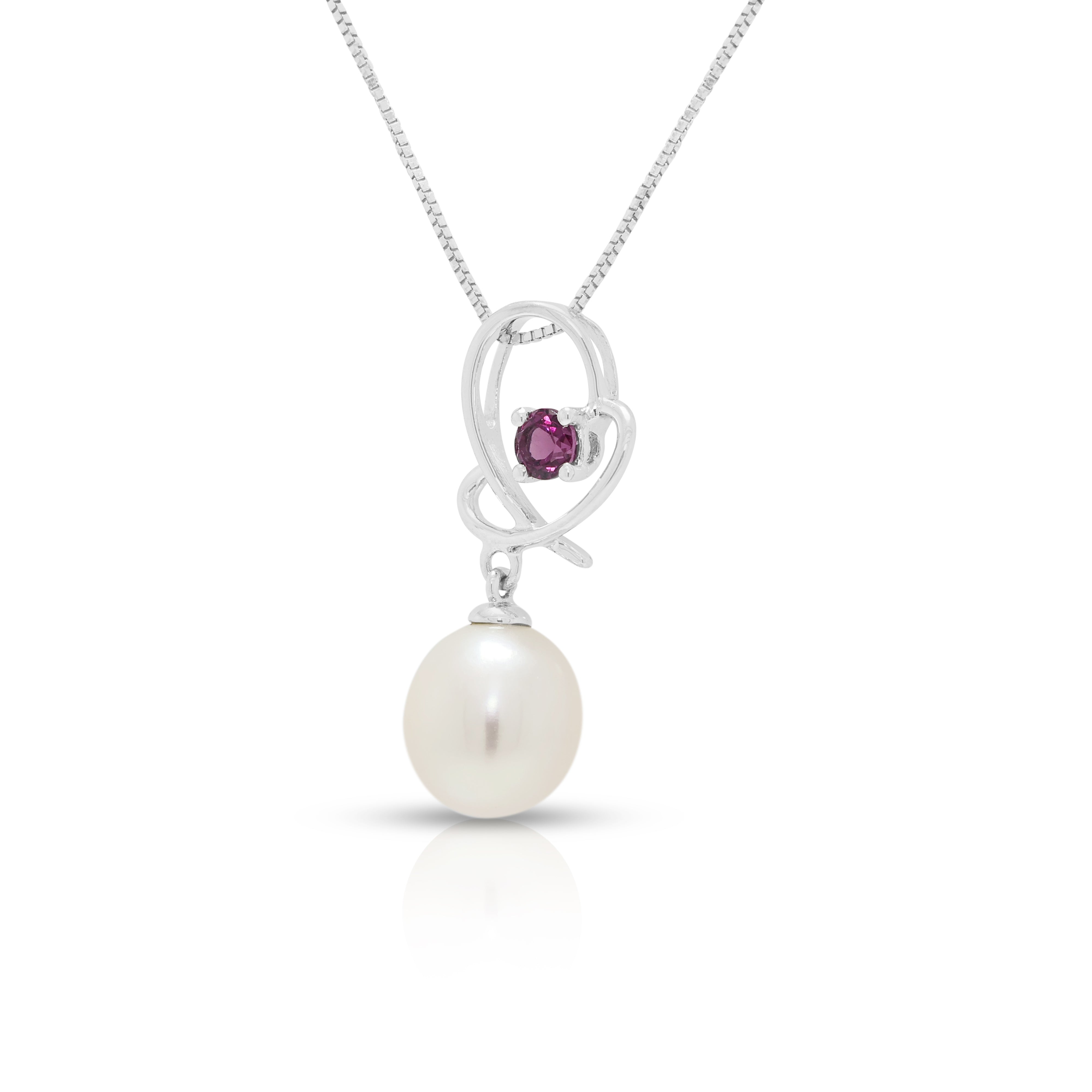 Charming Pearl and 0.12ct Garnet Open Heart Drop Pendant Necklace in 14K White Gold