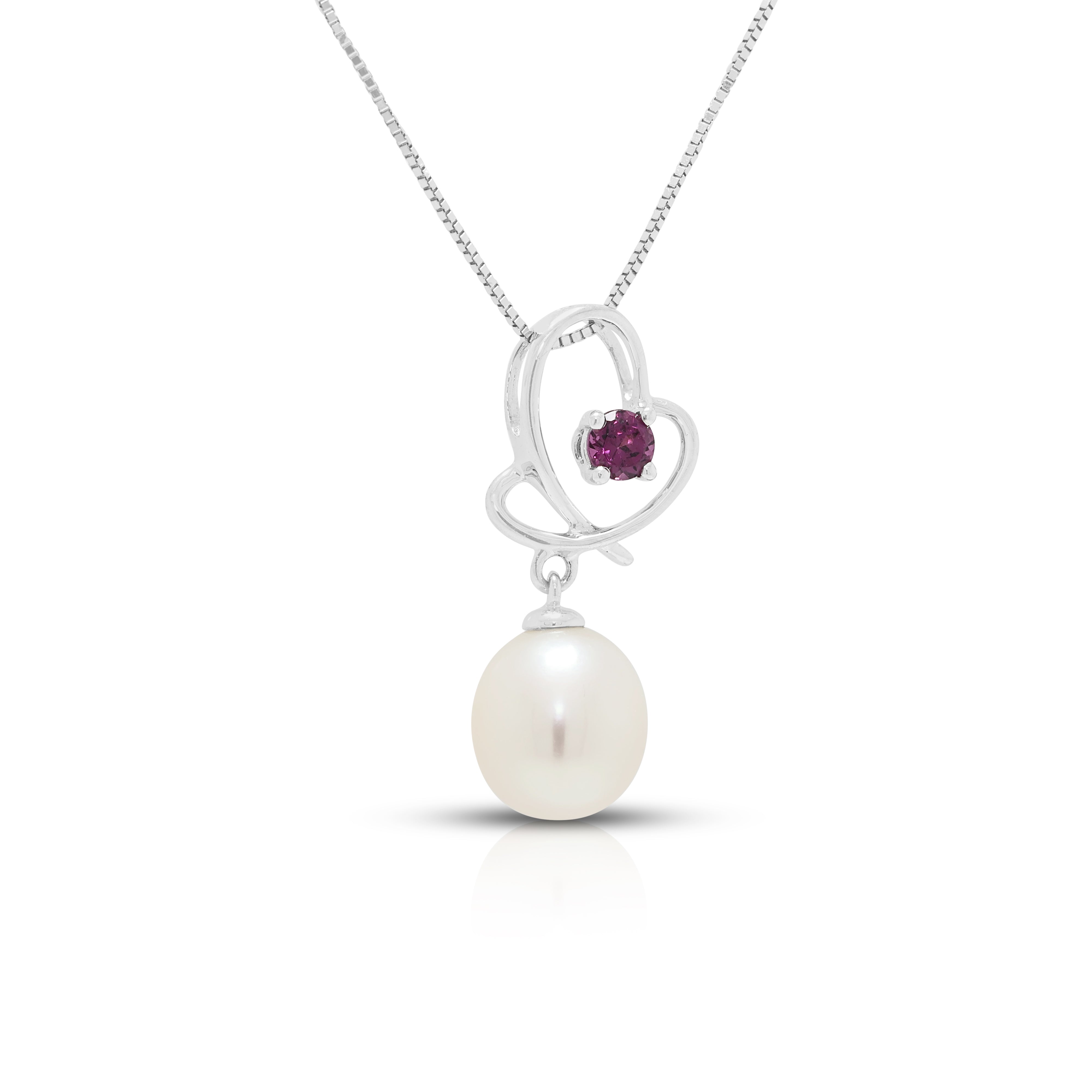 Charming Pearl and 0.12ct Garnet Open Heart Drop Pendant Necklace in 14K White Gold