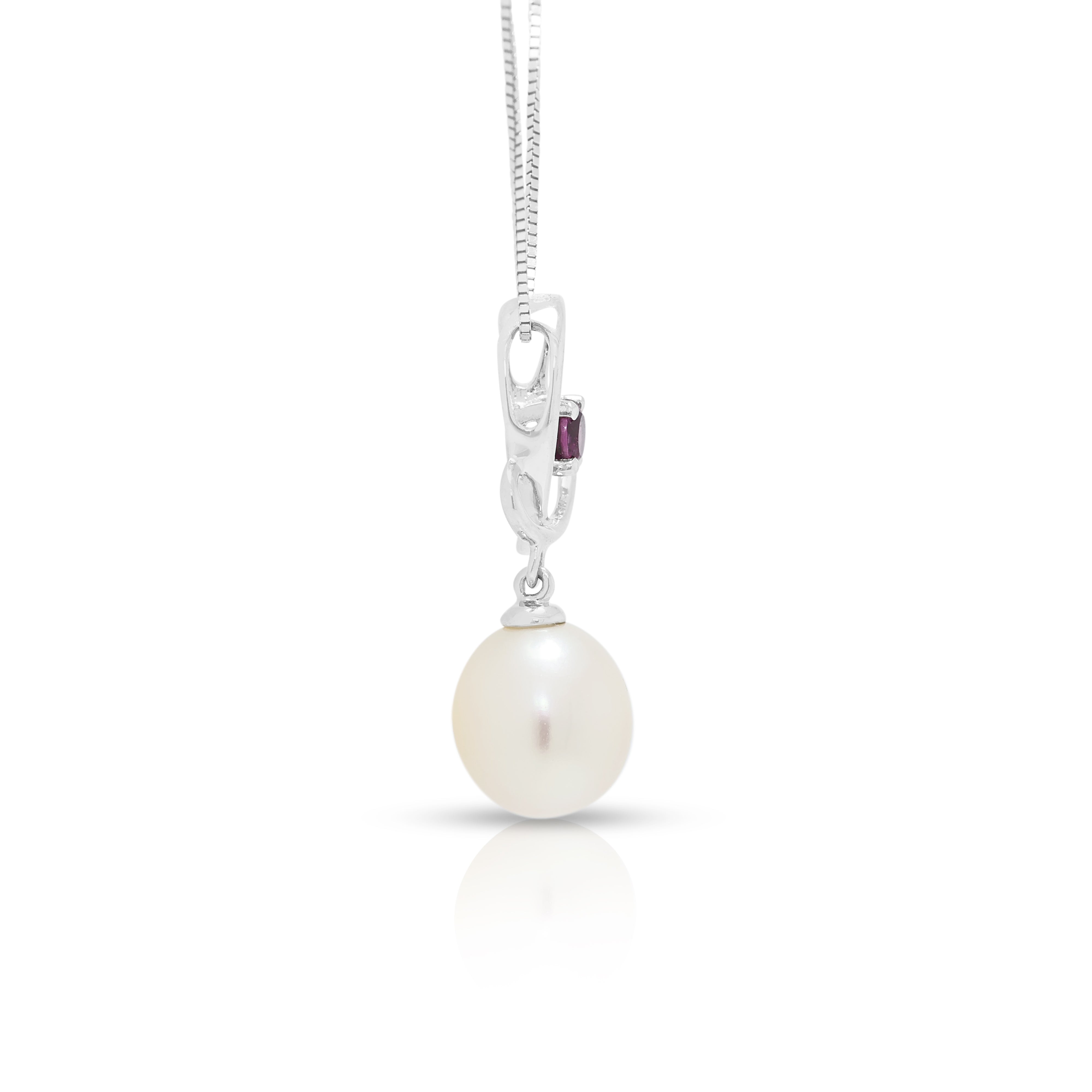 Charming Pearl and 0.12ct Garnet Open Heart Drop Pendant Necklace in 14K White Gold
