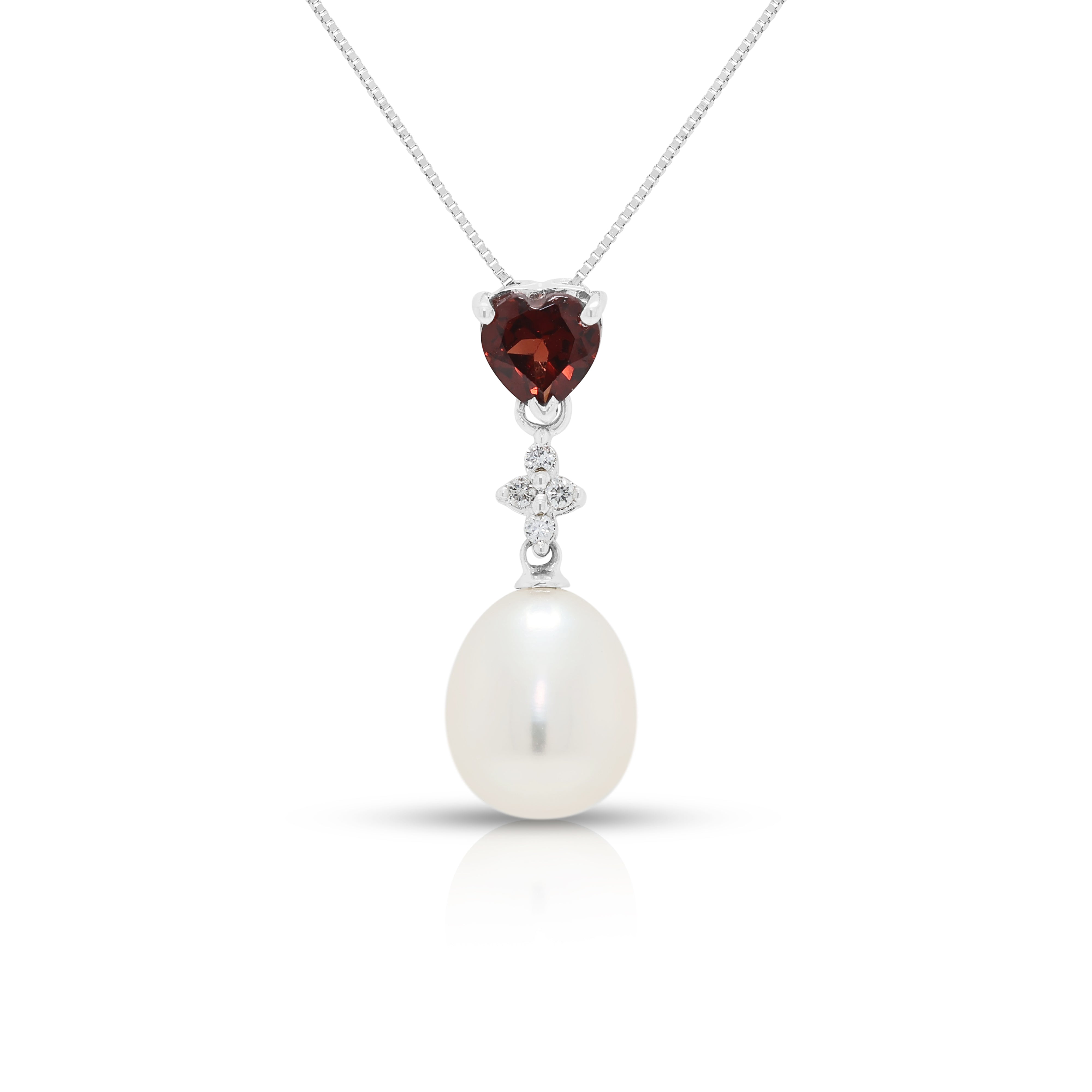 Enchanting 0.30ct Garnet, Pearl and 0.02ct Natural Diamond Drop Pendant Necklace in 14K White Gold