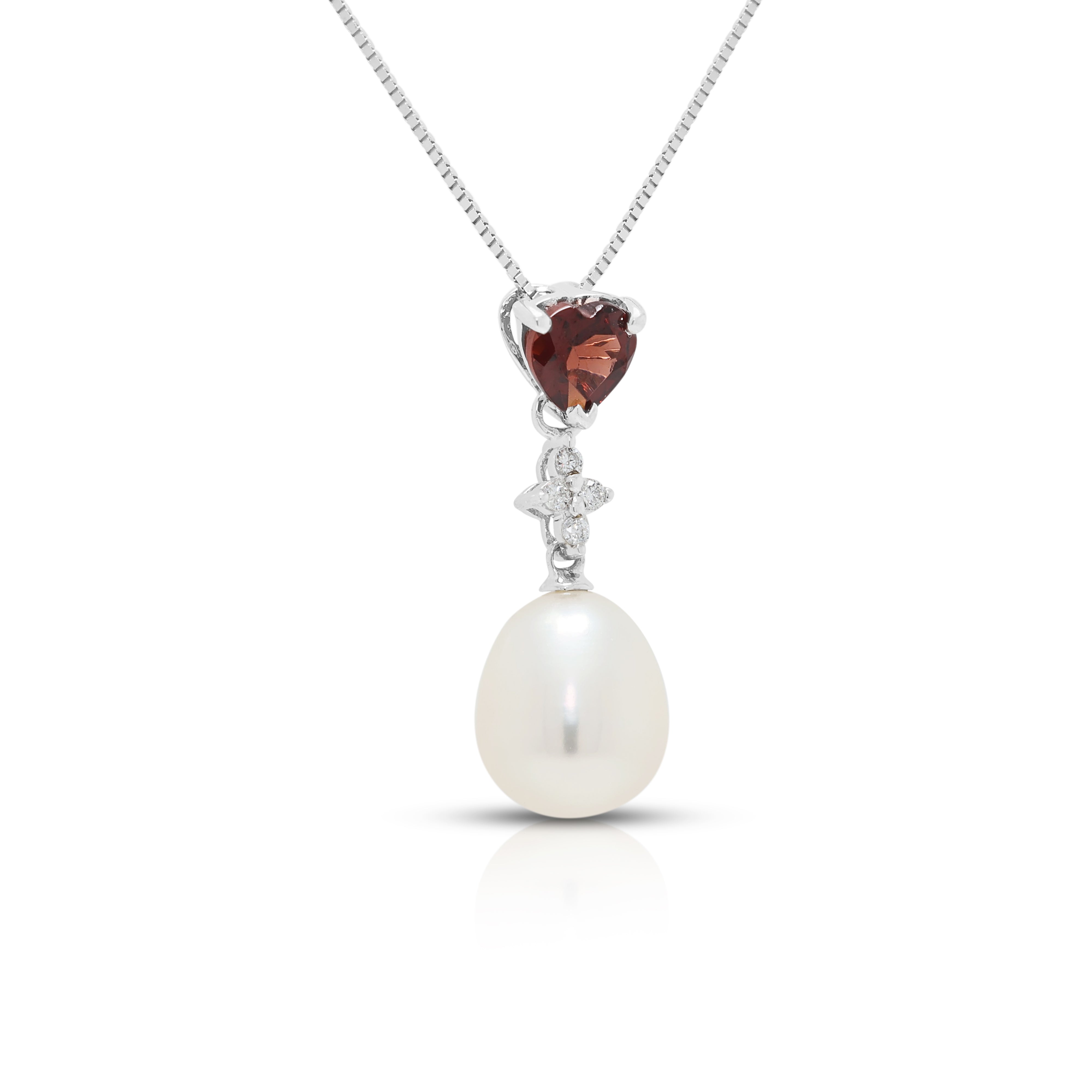 Enchanting 0.30ct Garnet, Pearl and 0.02ct Natural Diamond Drop Pendant Necklace in 14K White Gold