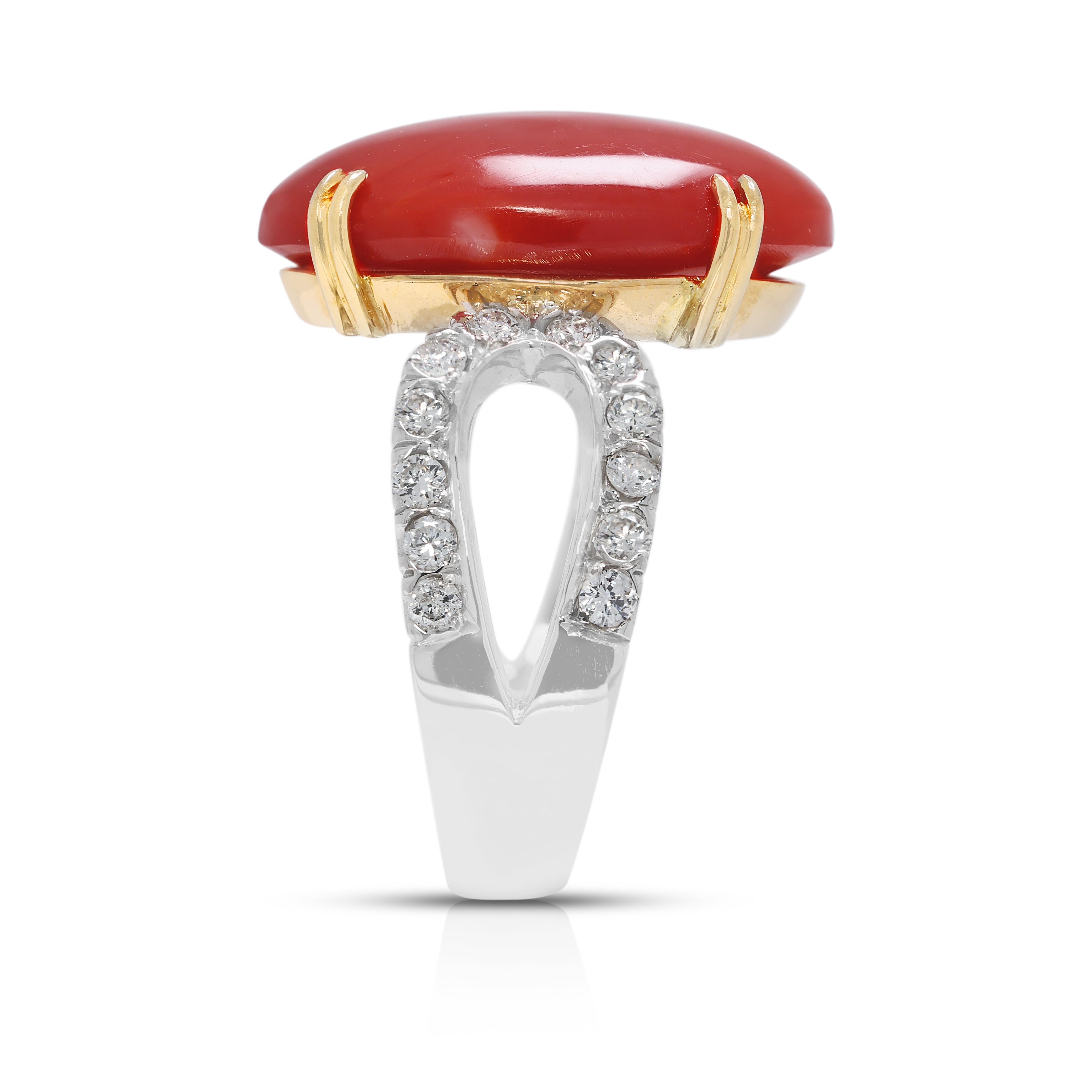 Bold 0.84ct Natural Diamond & Coral Oval Ring in 18K Two-Toned Gold (New & Unworn)
