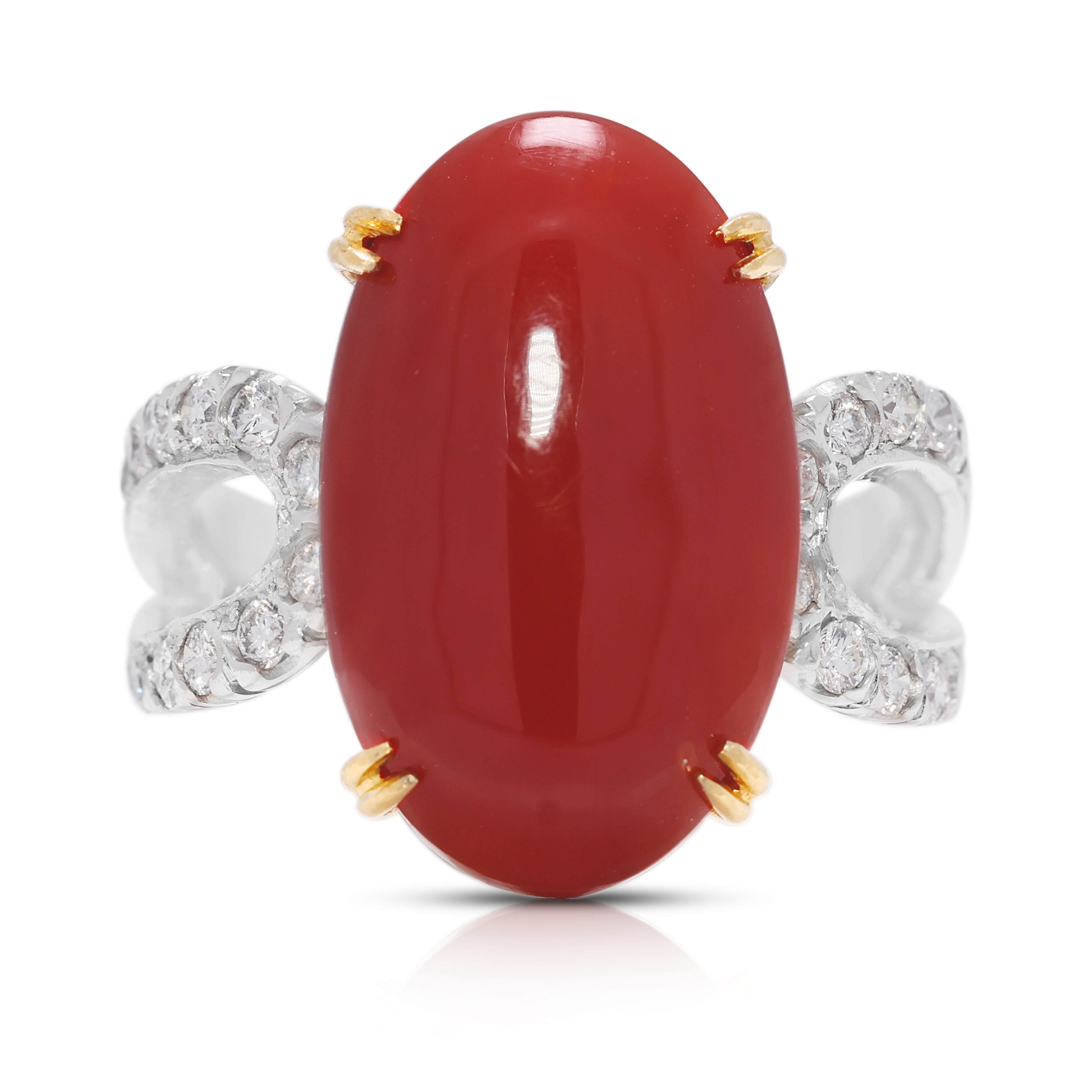 Bold 0.84ct Natural Diamond & Coral Oval Ring in 18K Two-Toned Gold (New & Unworn)