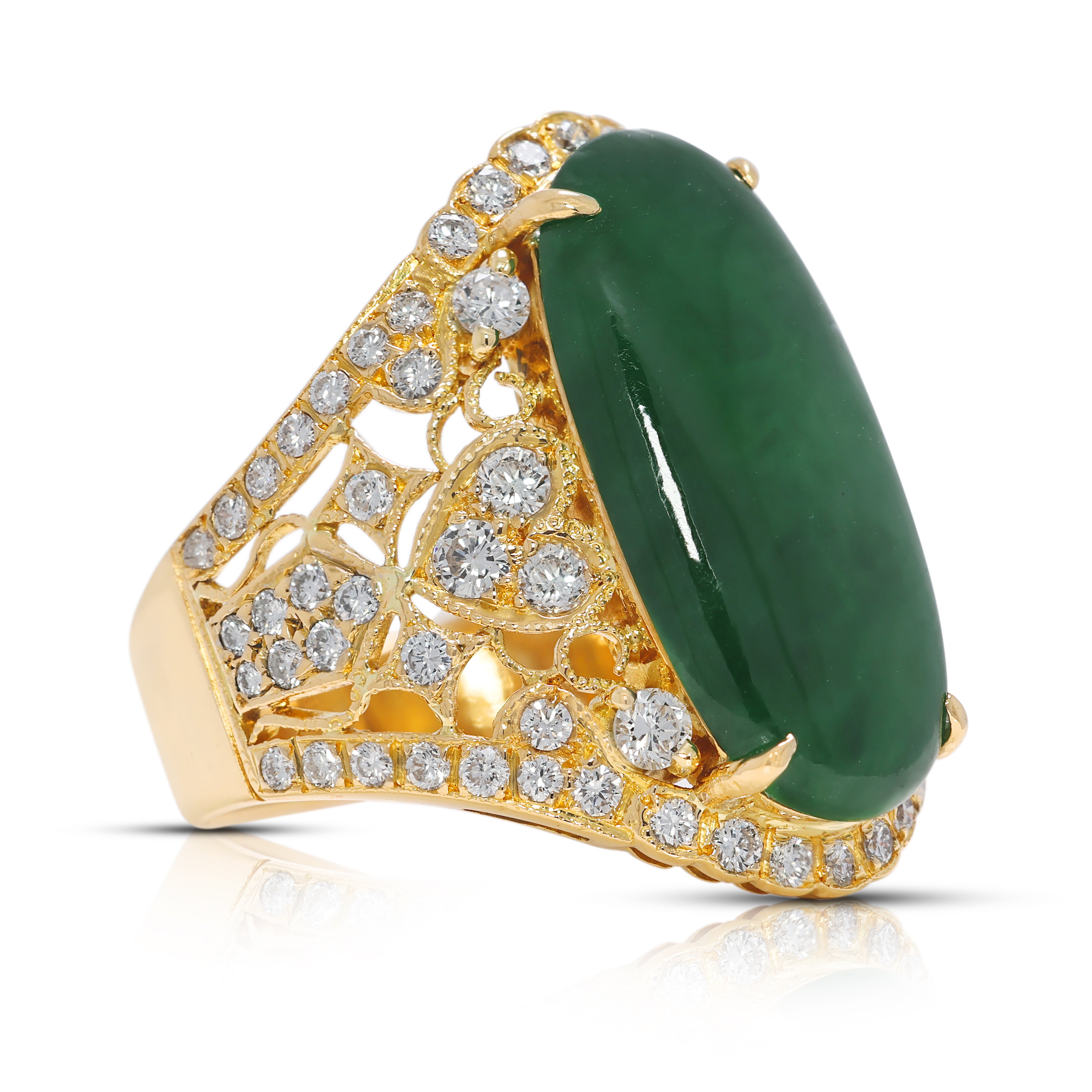 Exquisite 0.72ct Natural Diamond & Jadeite Cocktail Ring in 20K Yellow Gold - NGI Certified